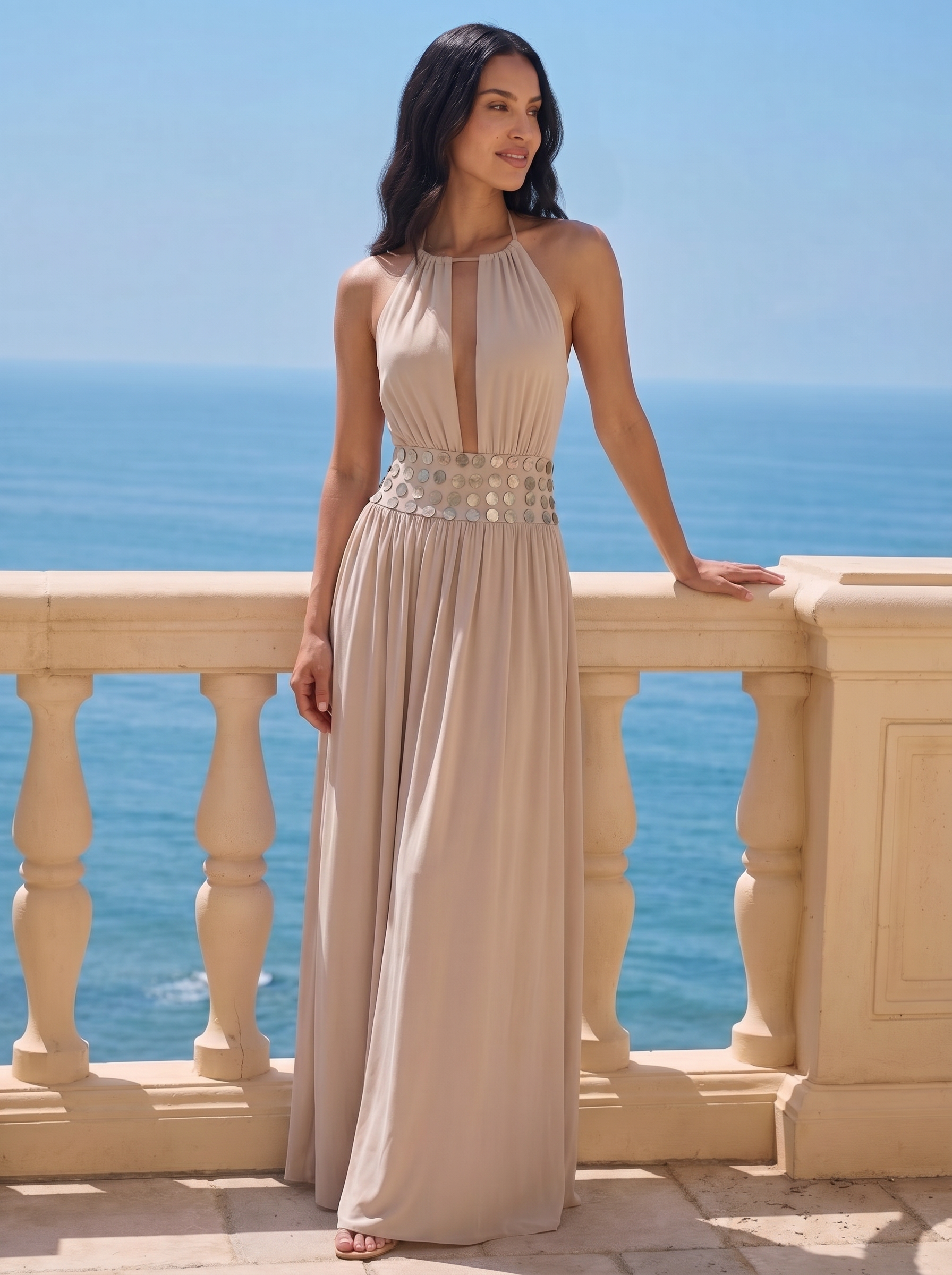 Zanira Mermaid Button Halter Backless Halter Maxi Dress - Nubae