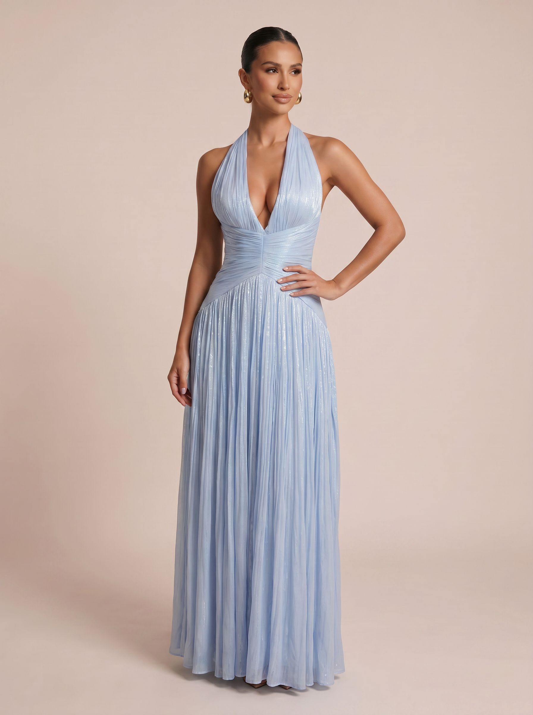 Simia Blue Elegant V Neck Sleeveless Maxi Dress - Nubae