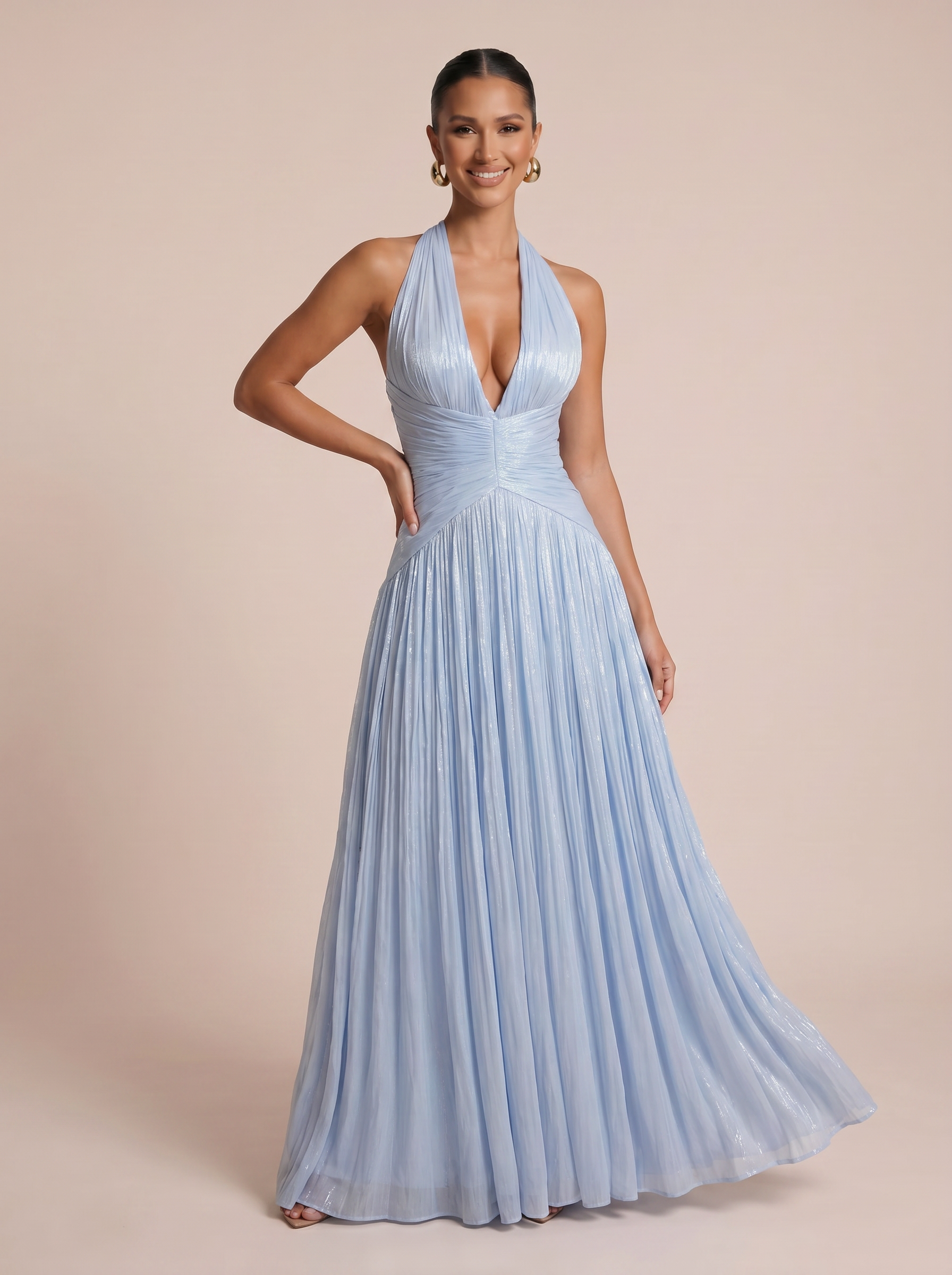 Simia Blue Elegant V Neck Sleeveless Maxi Dress - Nubae