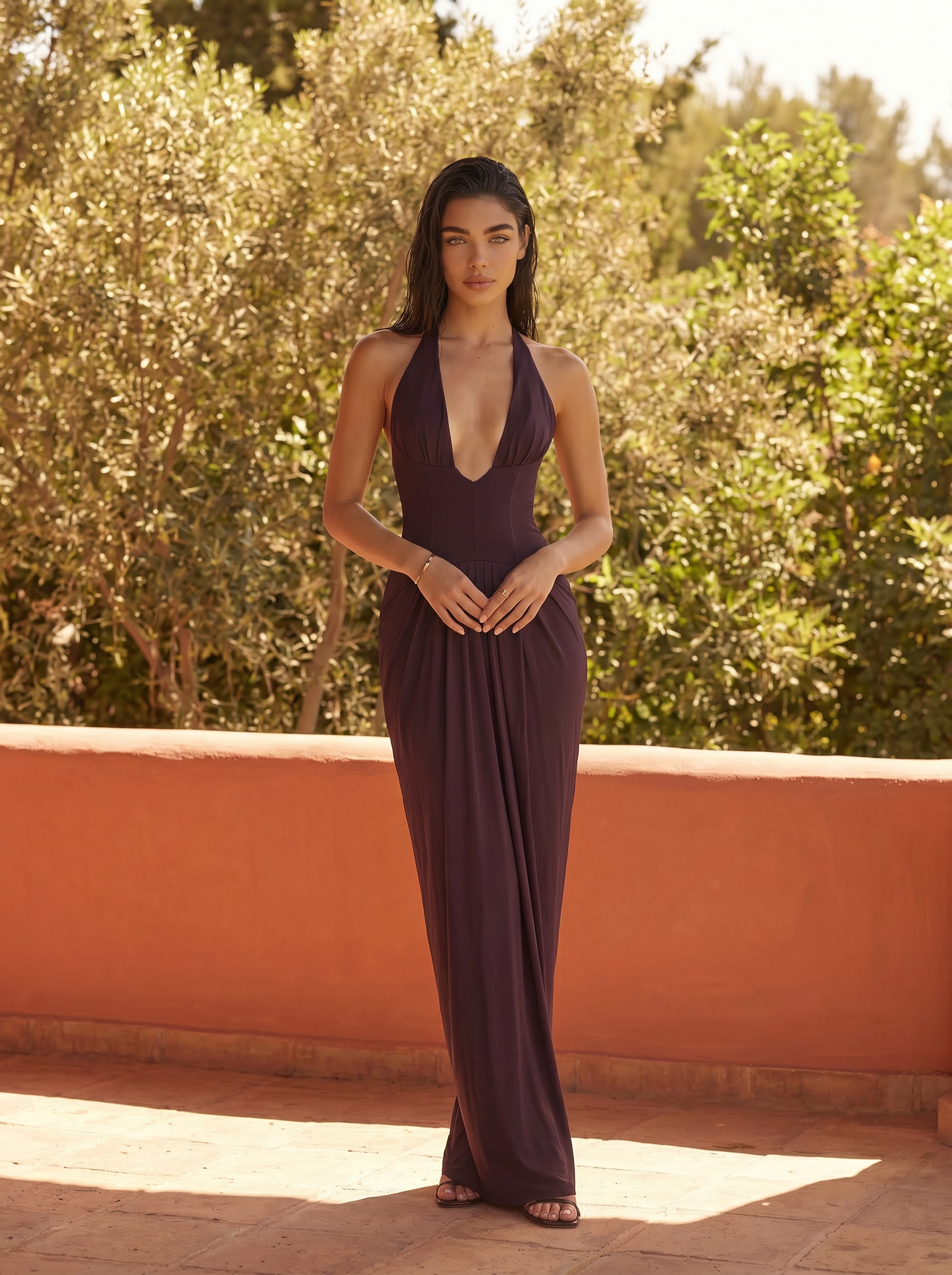 Rhoda Brown V Neck Halter Sleeveless Maxi Dress - Nubae