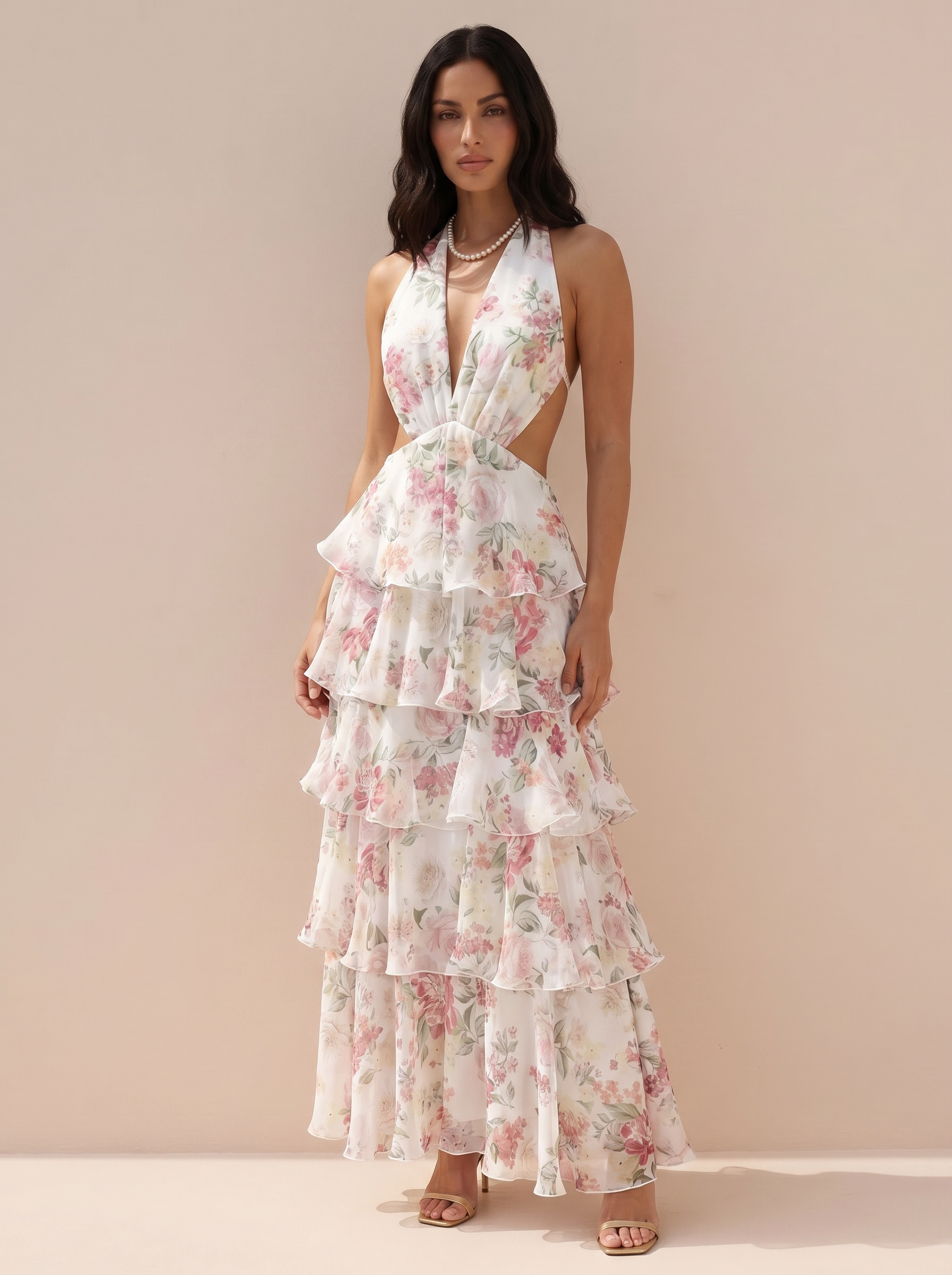 Alvion Ruffle Floral Layered Halter Maxi Dress - Nubae