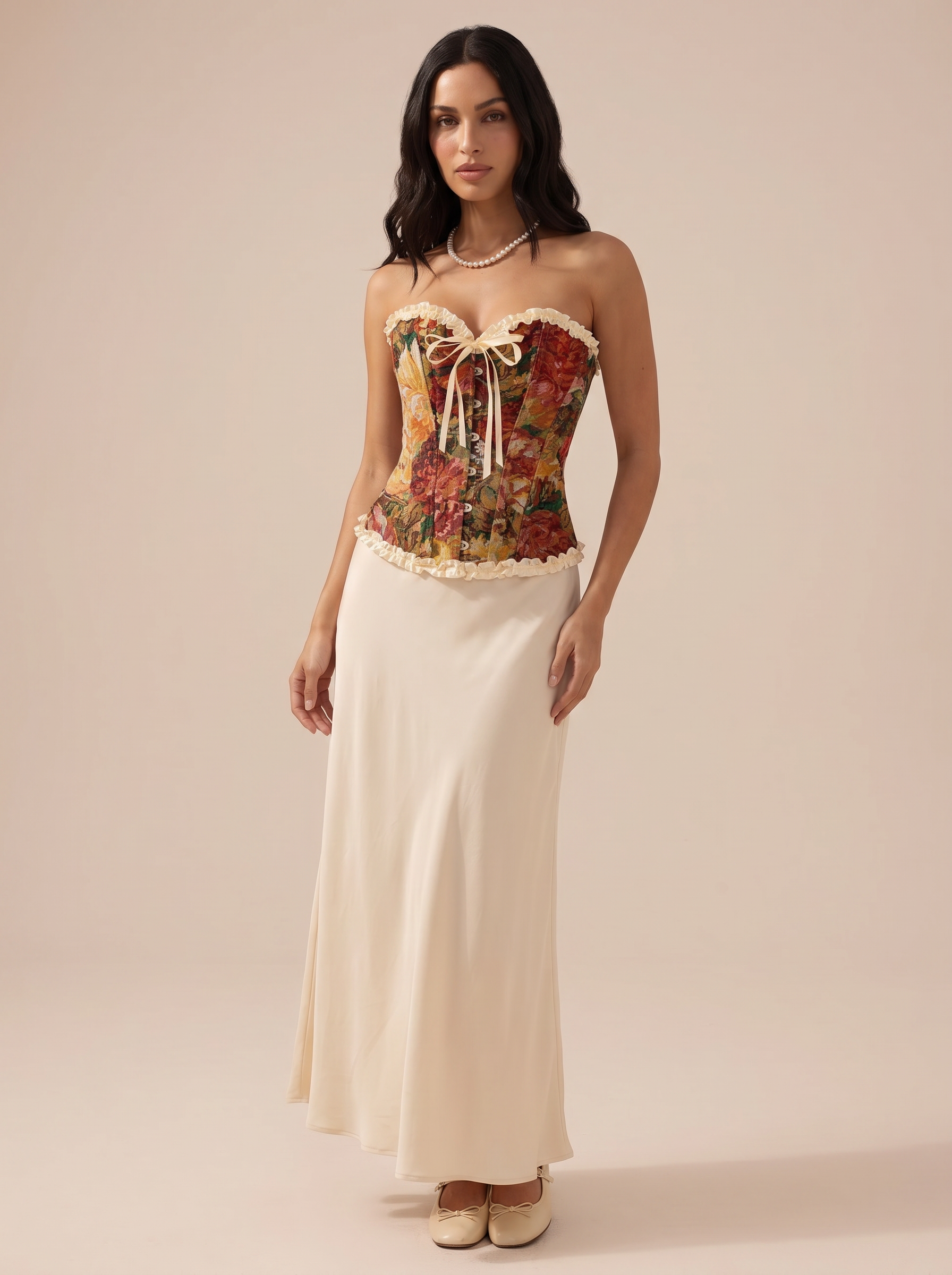 Brisea Strapless Bow Tie Floral Corset Top - Nubae