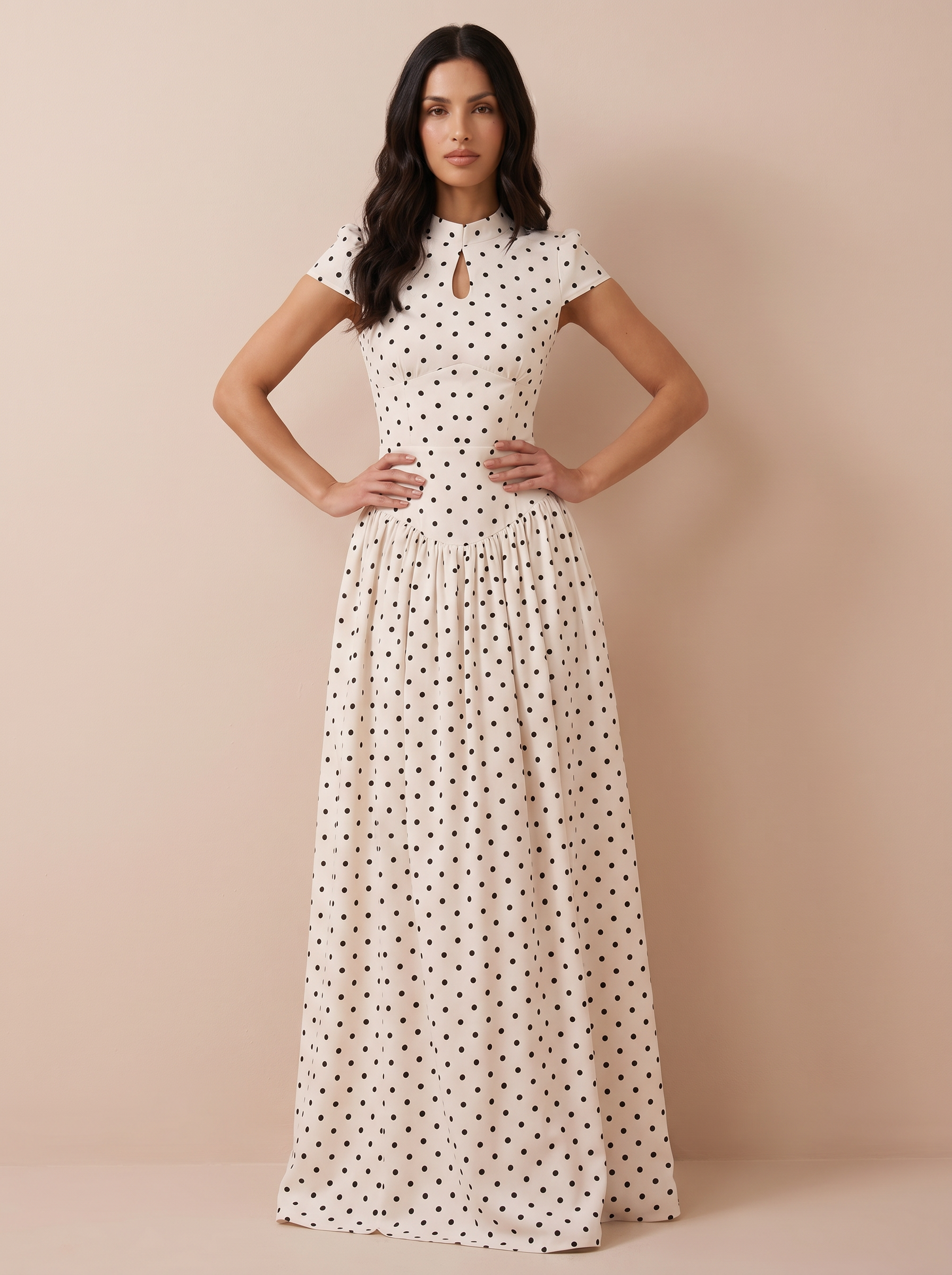 Chella Short Sleeve High Collar Polka Dot A-line Maxi Dress - Nubae