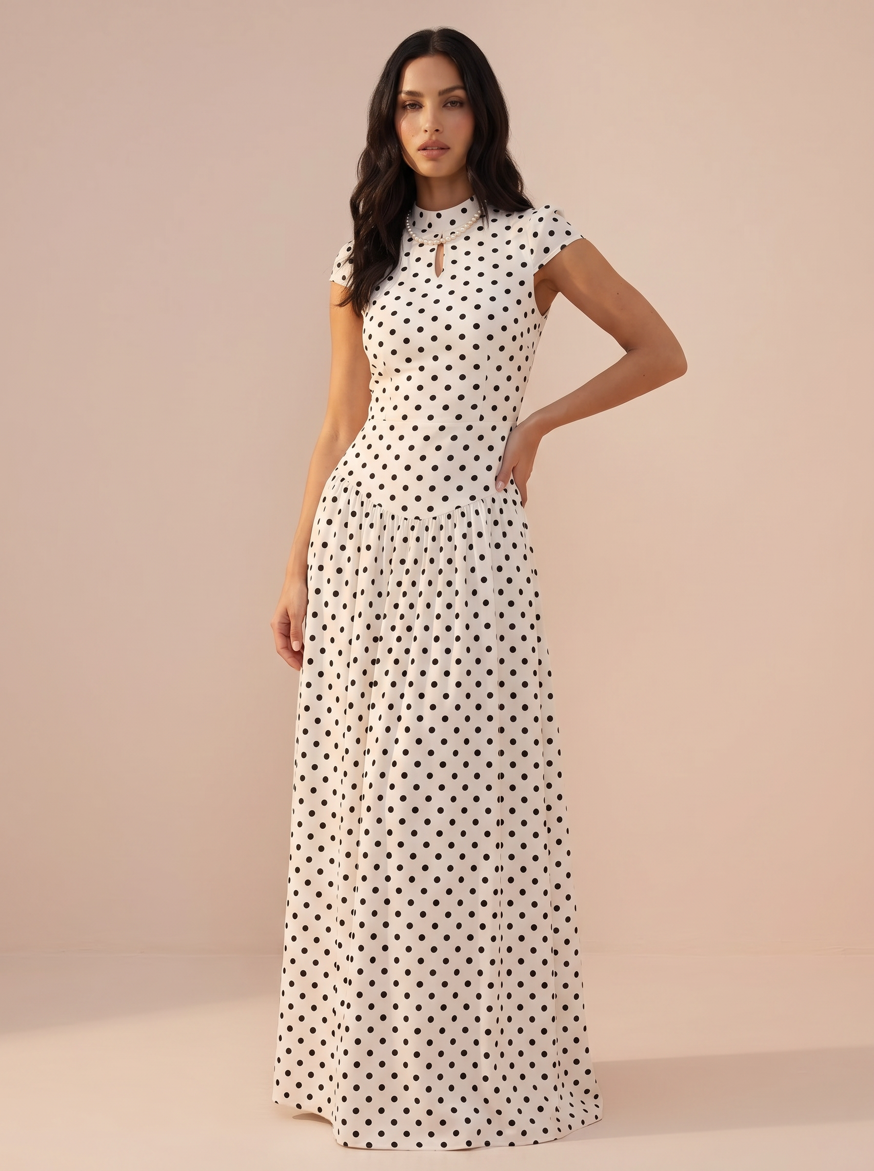 Chella Short Sleeve High Collar Polka Dot A-line Maxi Dress - Nubae