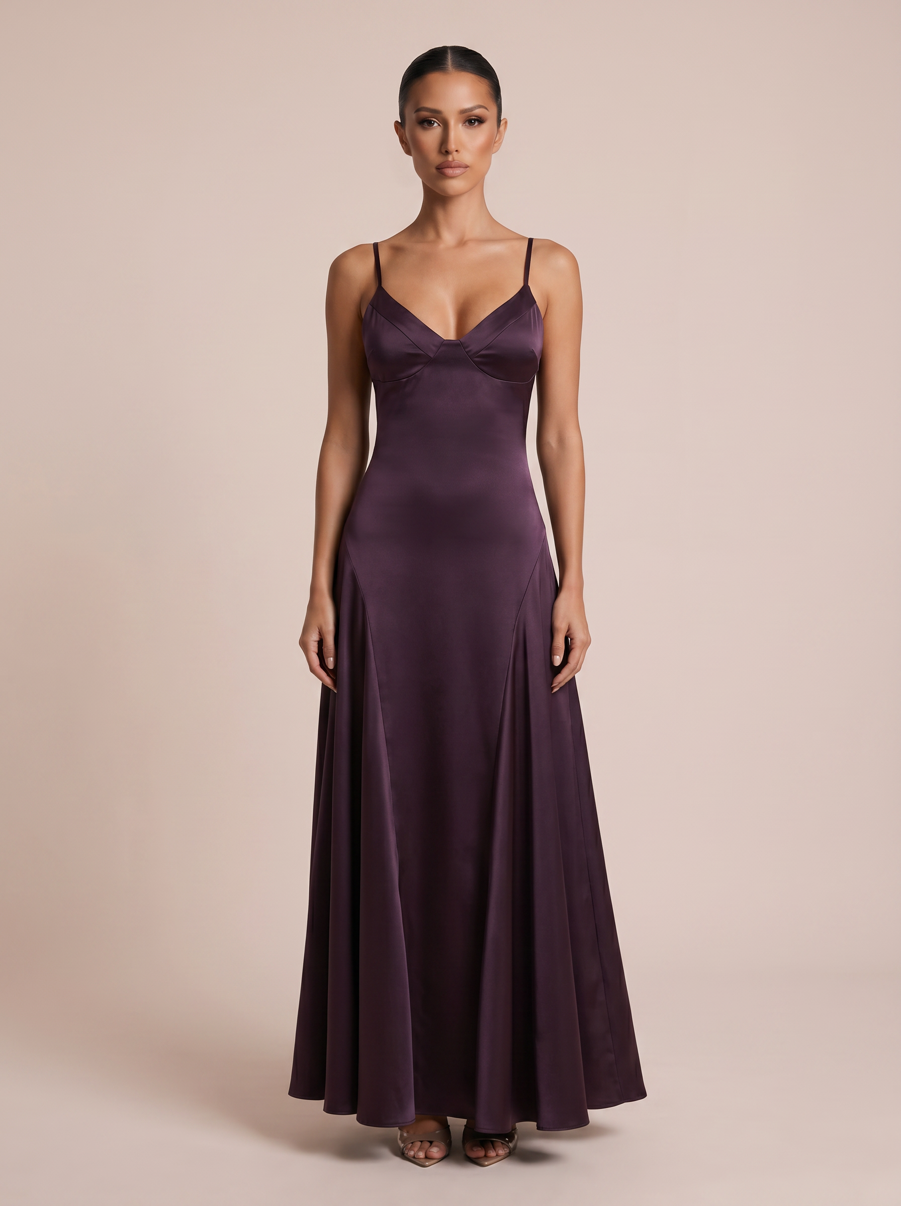 Arrieta Spaghetti Strap Satin V Neck Maxi Dress - Nubae