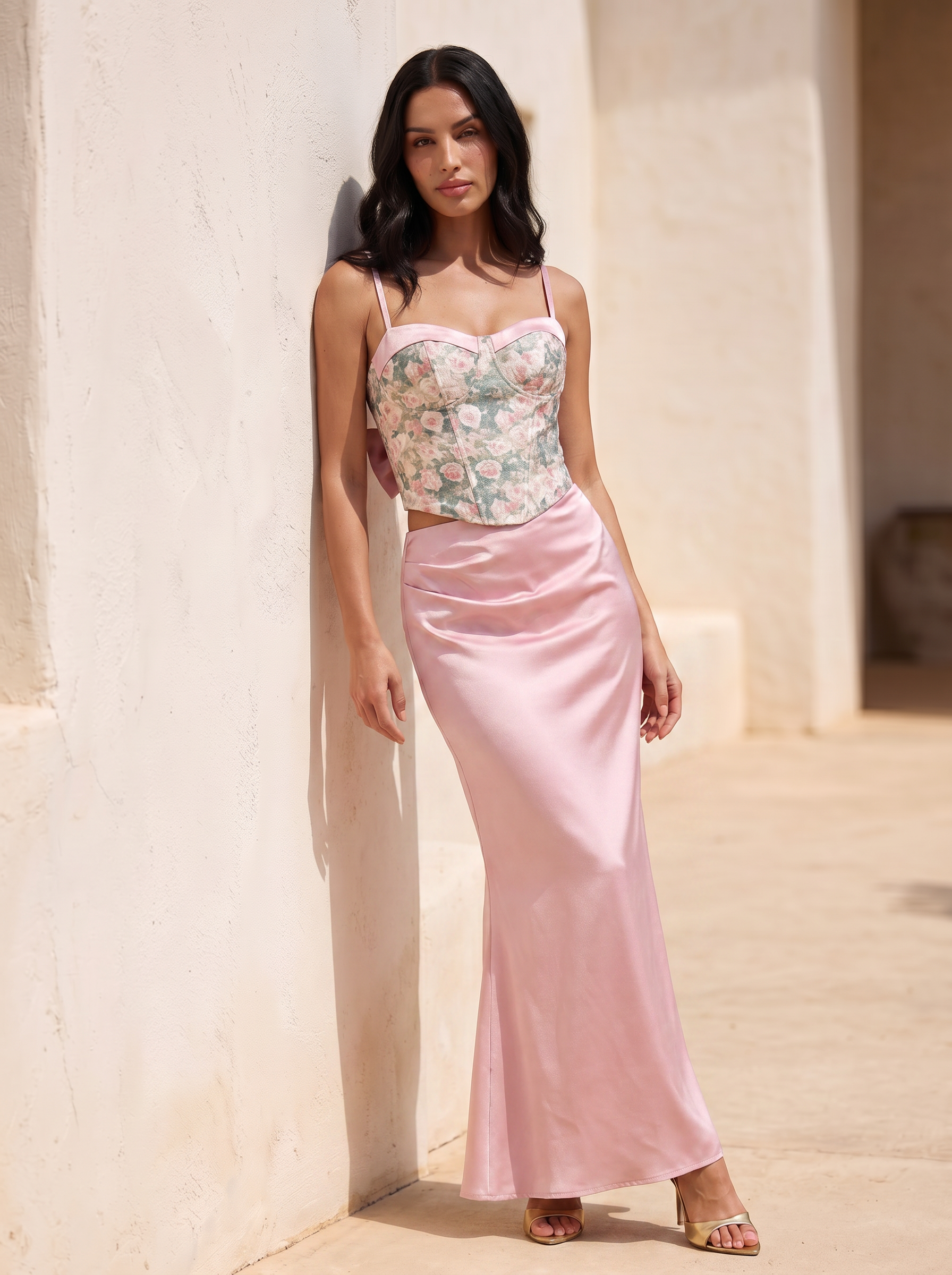 Xanelle Floral Crop Top & Satin Maxi Skirt Bodycon Two Piece Set - Nubae
