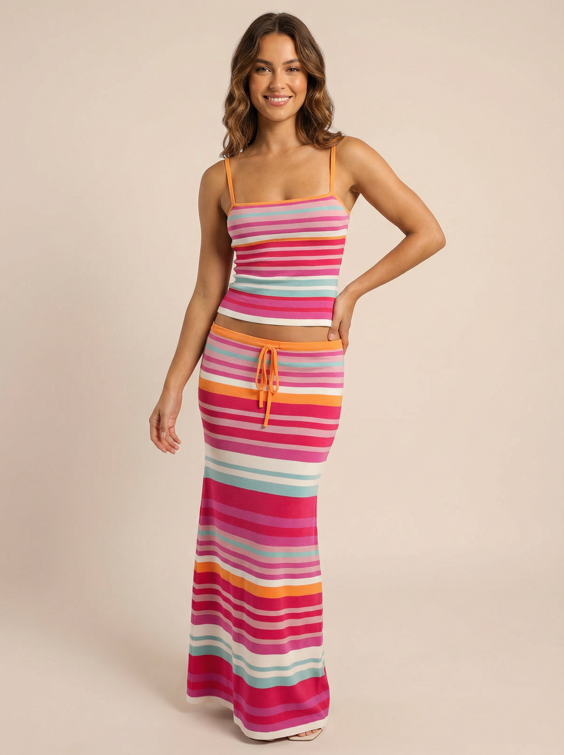 Kaella Striped Print Top & Maxi Skirt Two Piece Set - Nubae