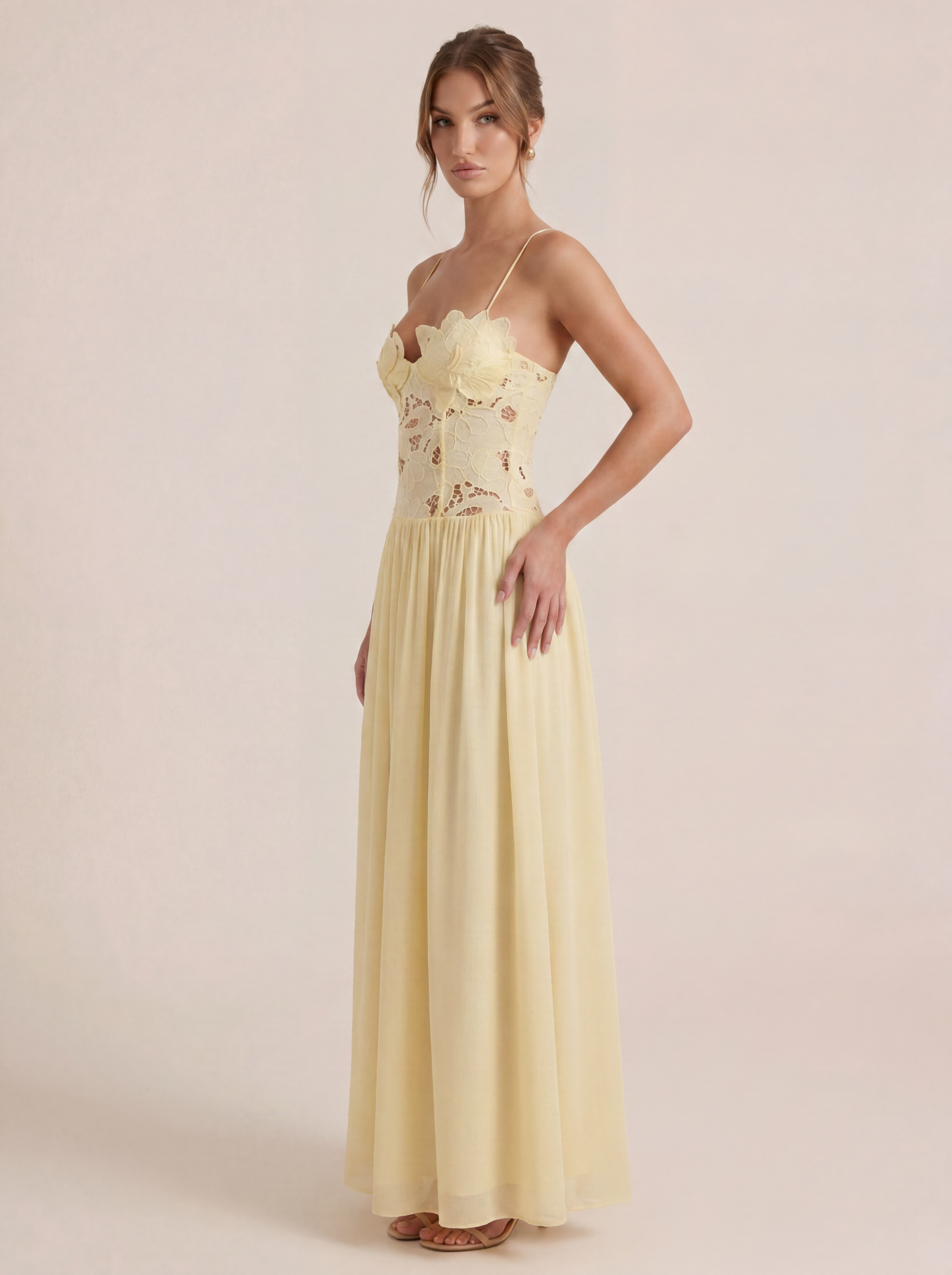 Alexandra Yellow A-line Elegnat Floral Maxi Dress - Nubae
