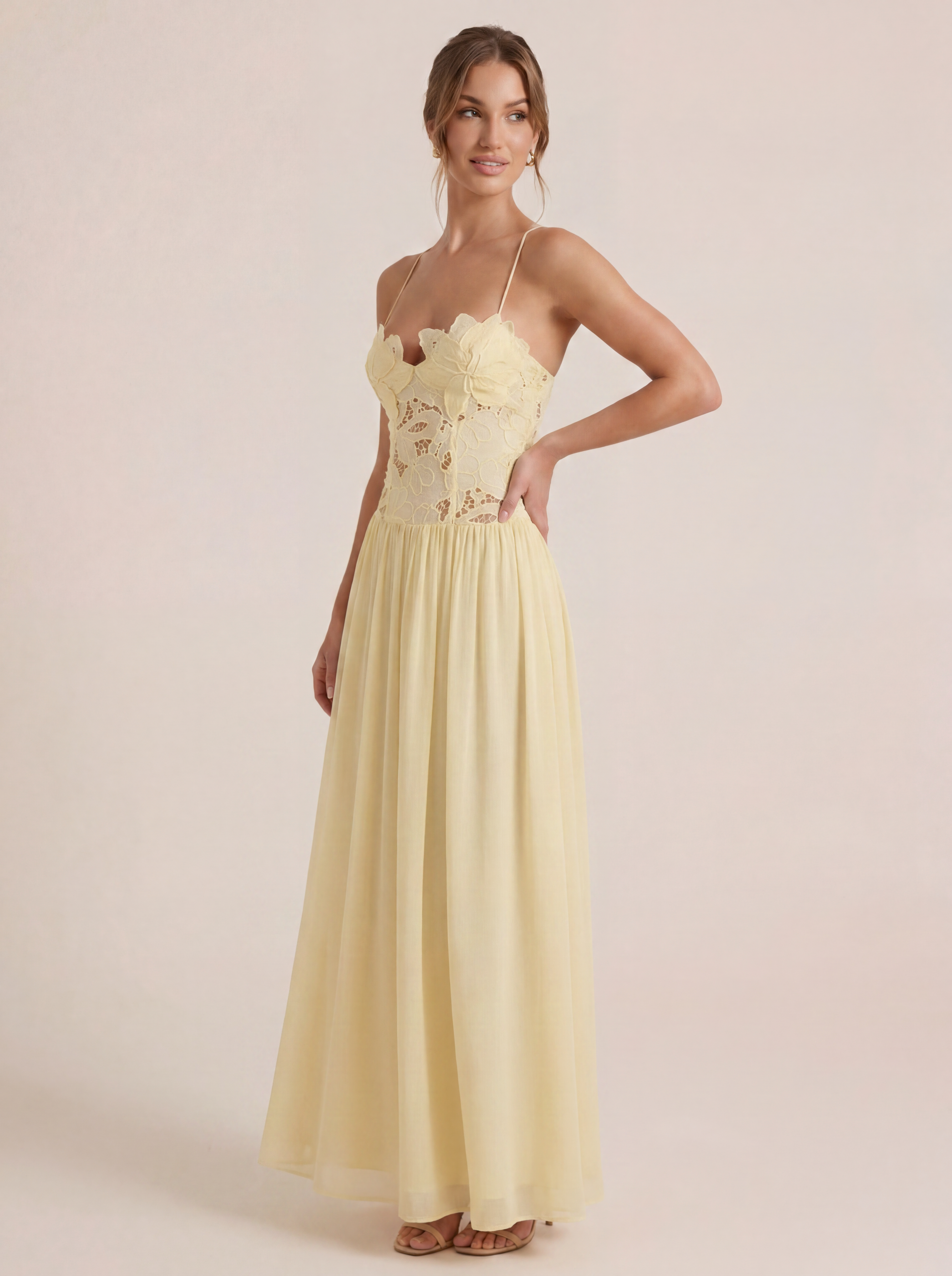 Alexandra Yellow A-line Elegnat Floral Maxi Dress - Nubae