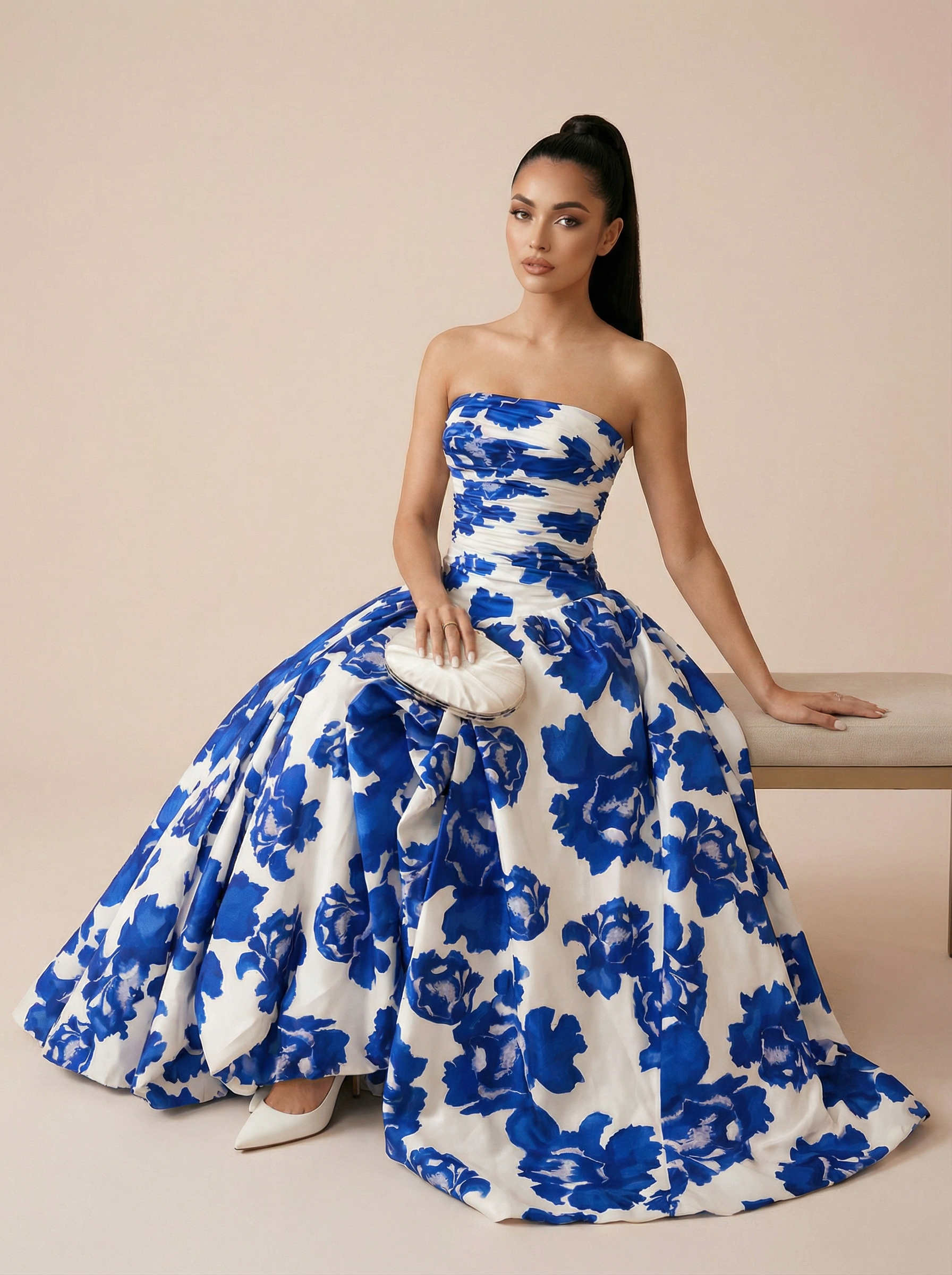 Roxana Blue Print Strapless Gown Maxi Dress - Nubae
