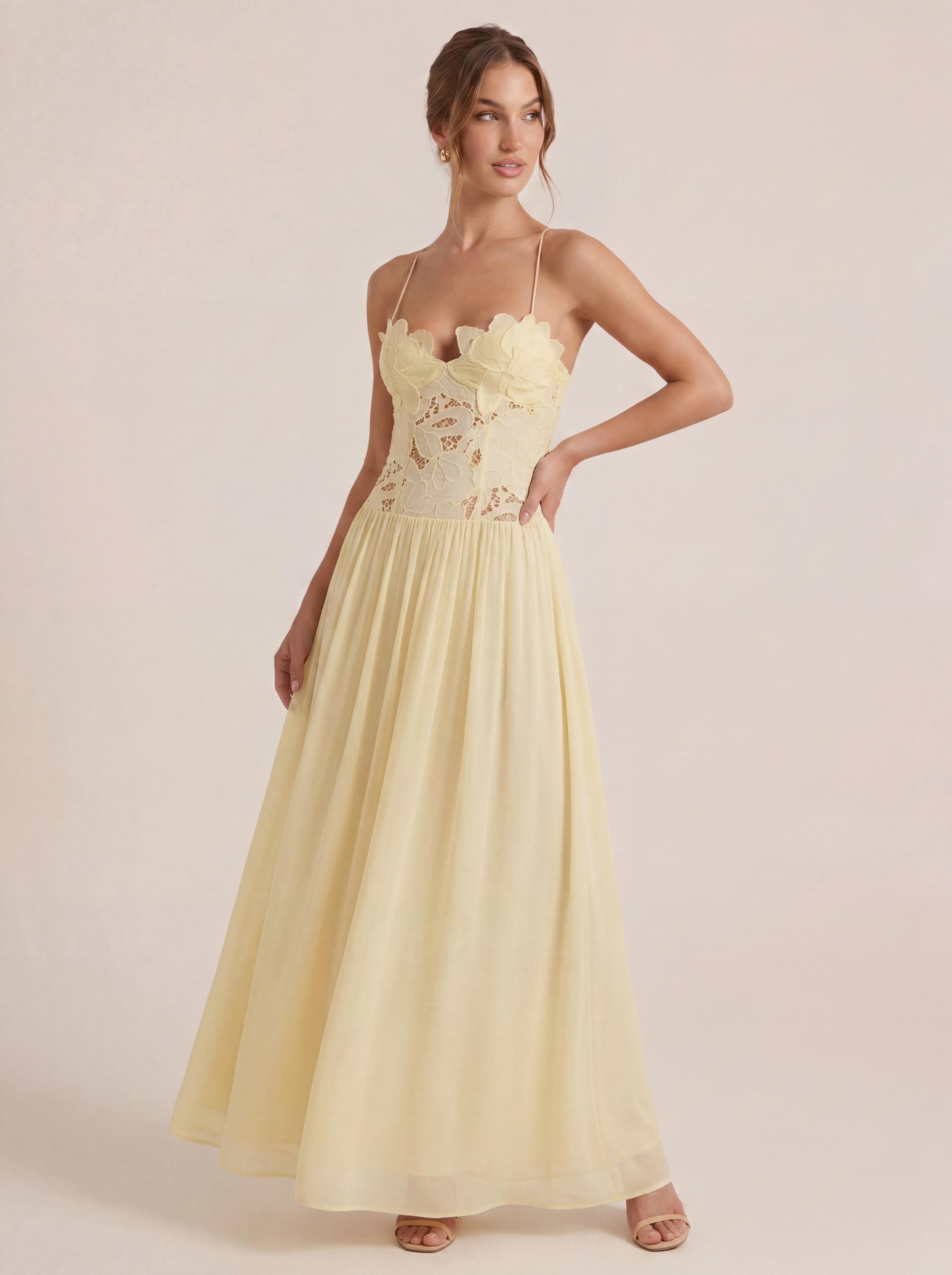 Alexandra Yellow A-line Elegnat Floral Maxi Dress - Nubae
