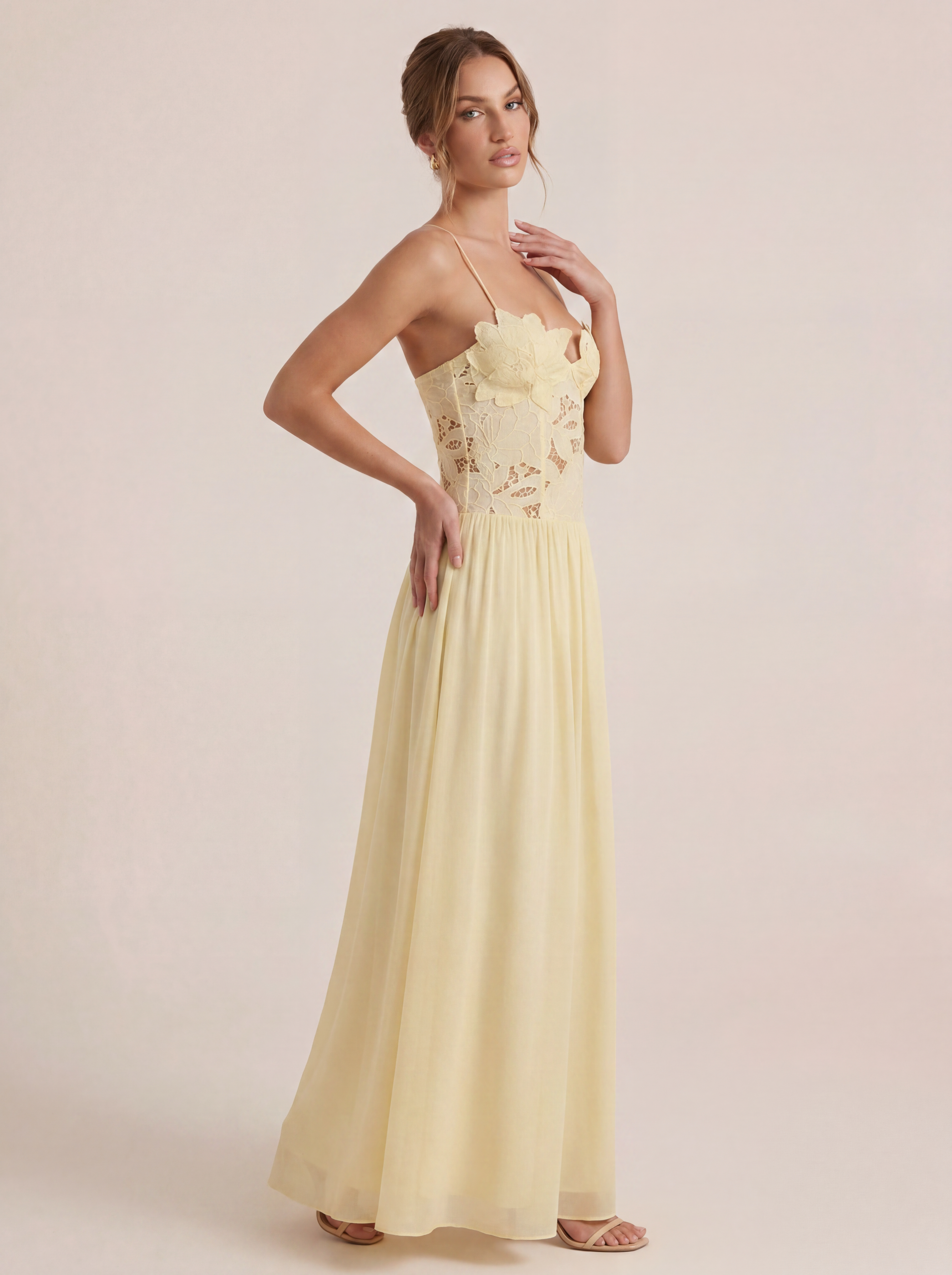 Alexandra Yellow A-line Elegnat Floral Maxi Dress - Nubae