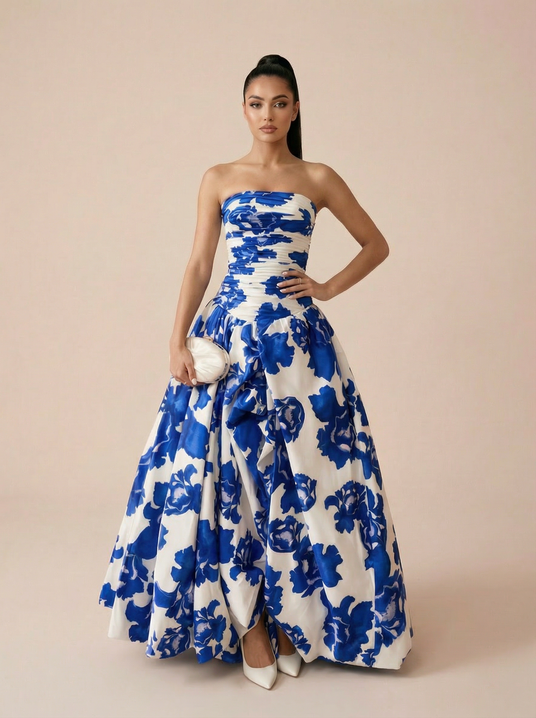 Roxana Blue Print Strapless Gown Maxi Dress - Nubae