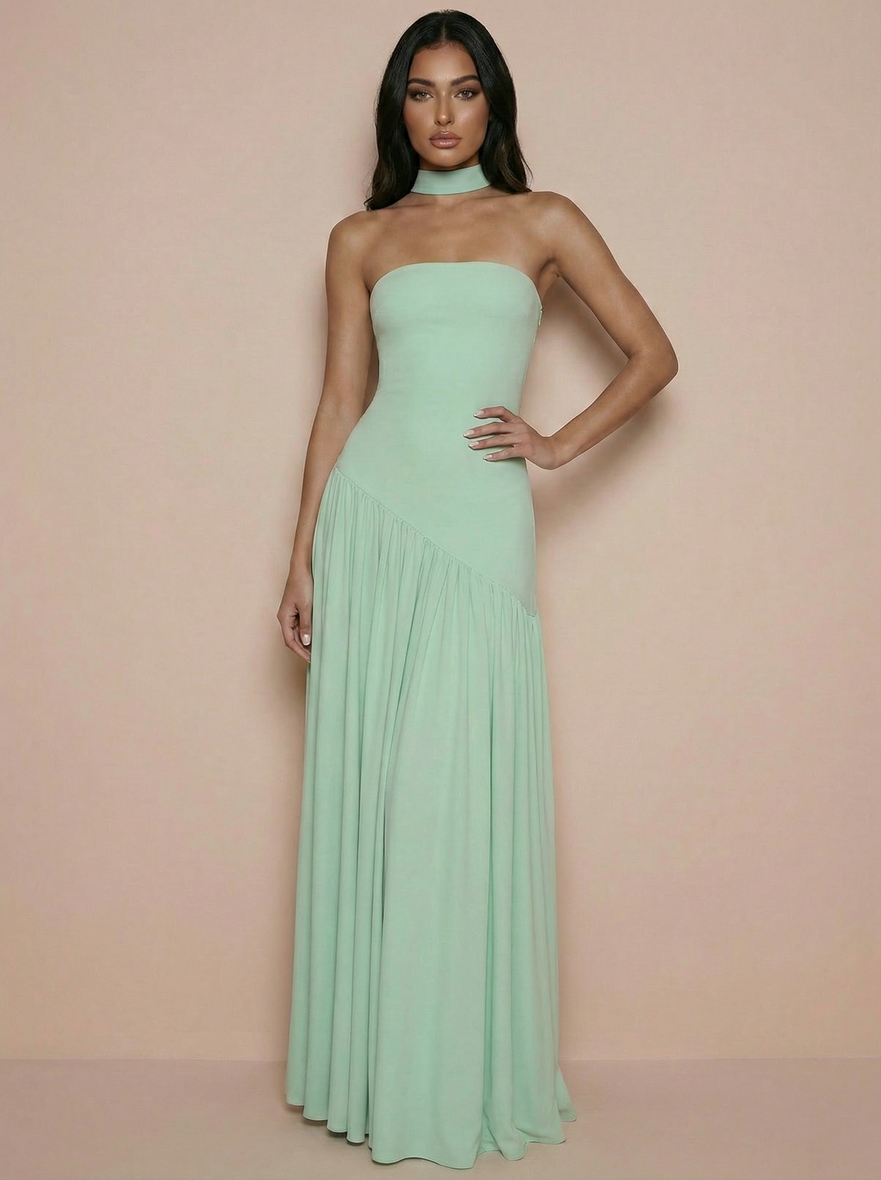 Vilma Light Green Strapless A Line Maxi Dress - Nubae