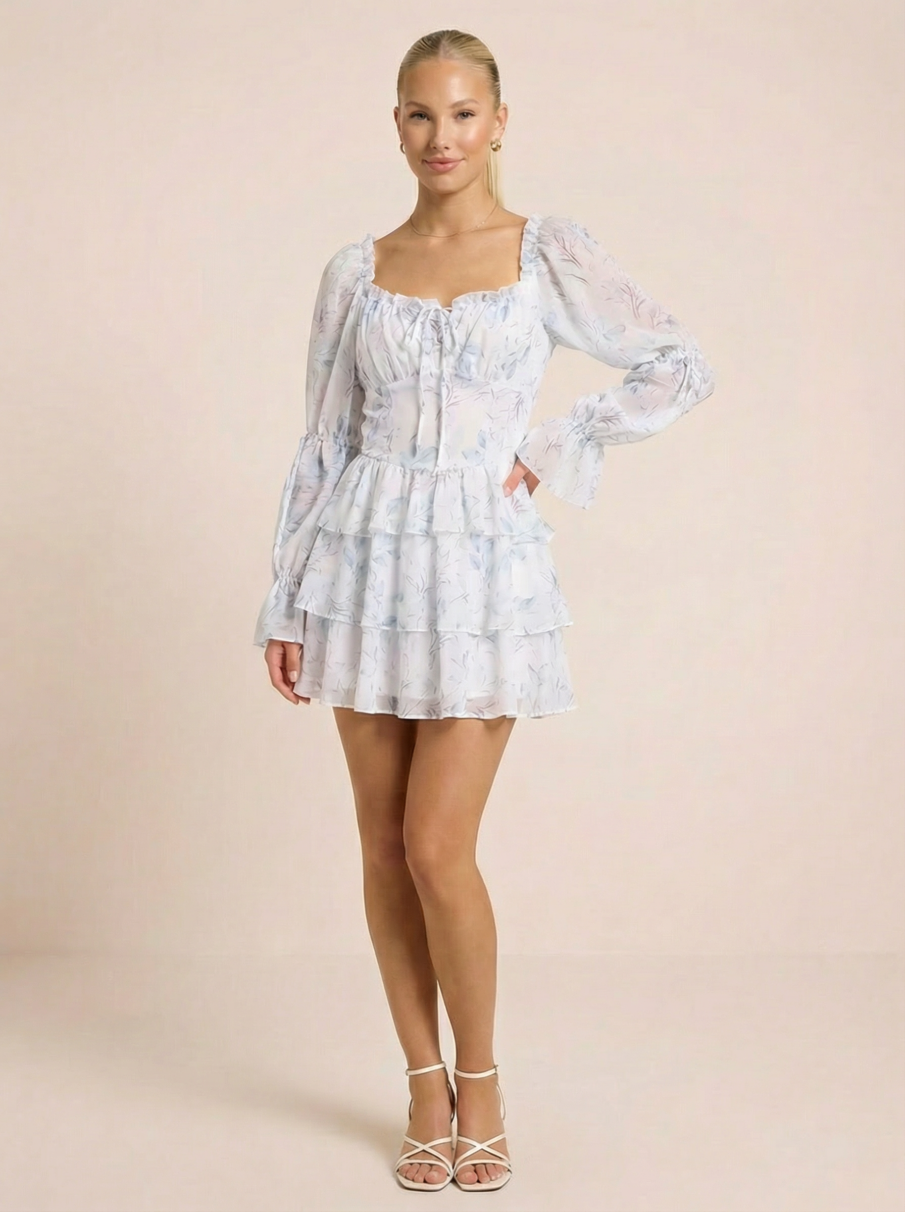 Zlata Blue Floral Long Sleeve Chiffon Summer Sundress Mini Dress - Nubae