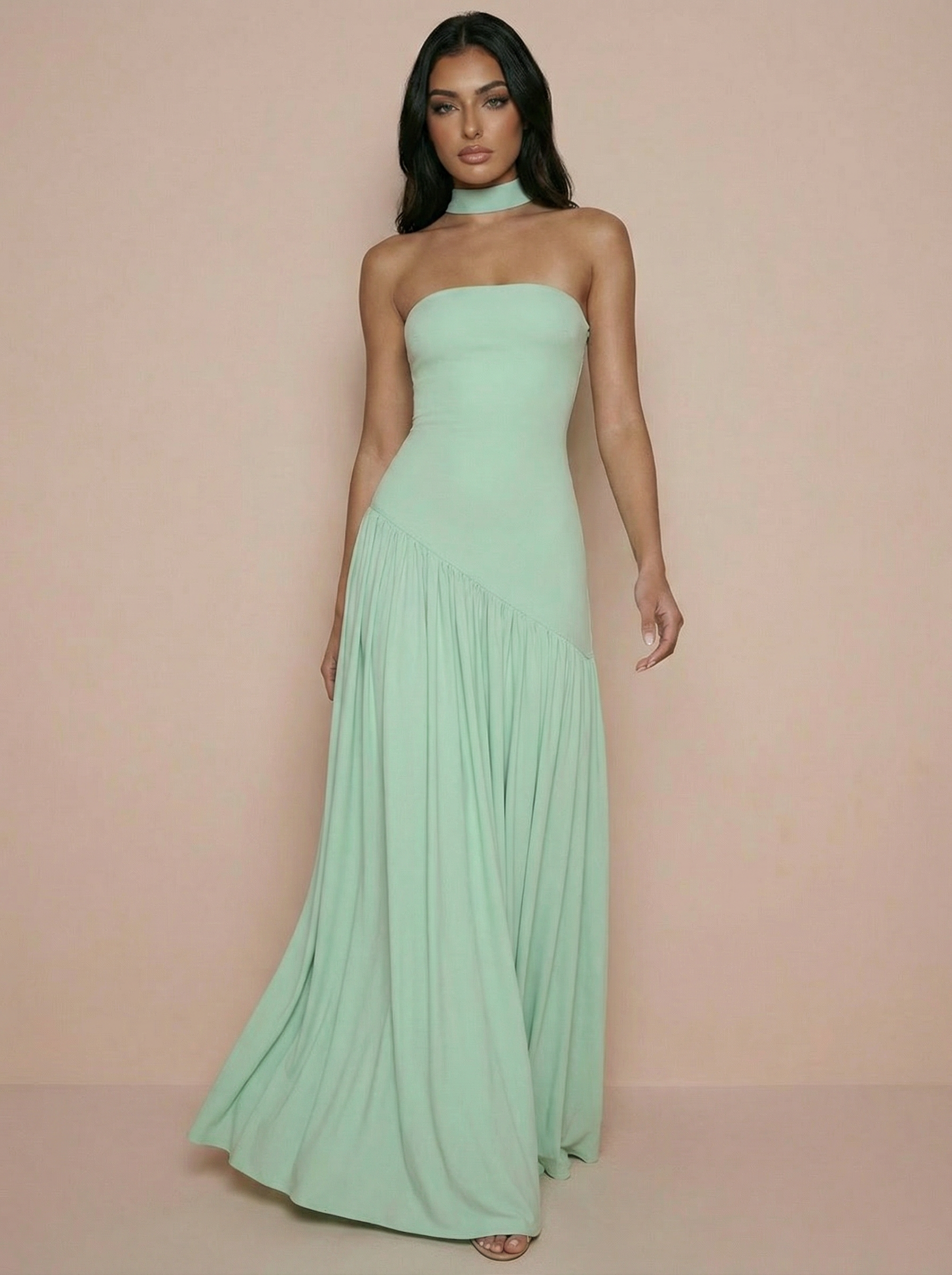 Vilma Light Green Strapless A Line Maxi Dress - Nubae