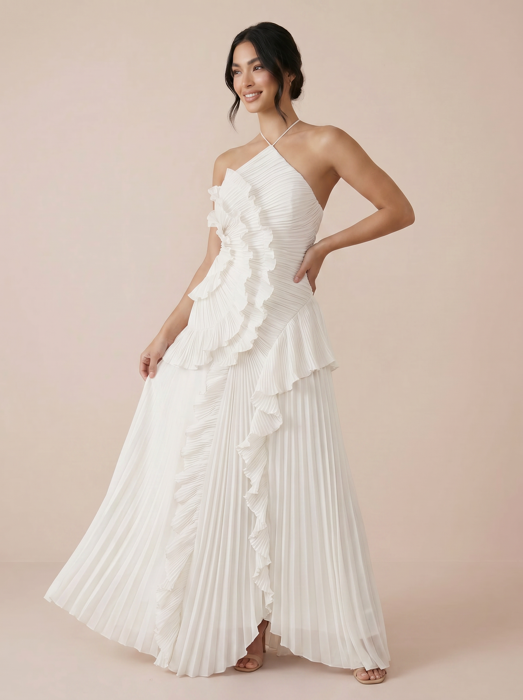 Adele Elegant Halter A Line Ruffle Maxi Dress - Nubae
