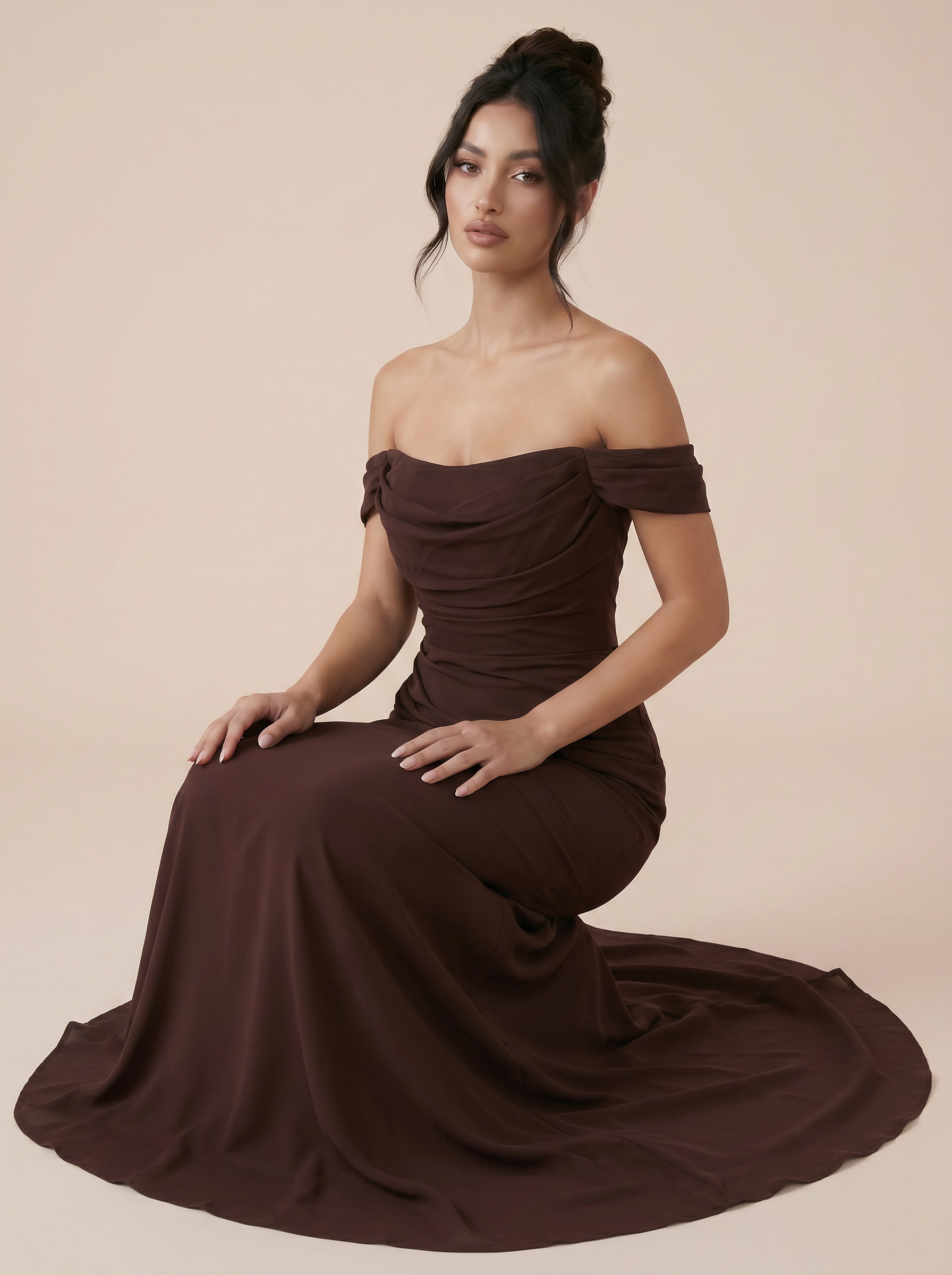 Noor Brown Off the Shoulder Handmade Maxi Dress - Nubae