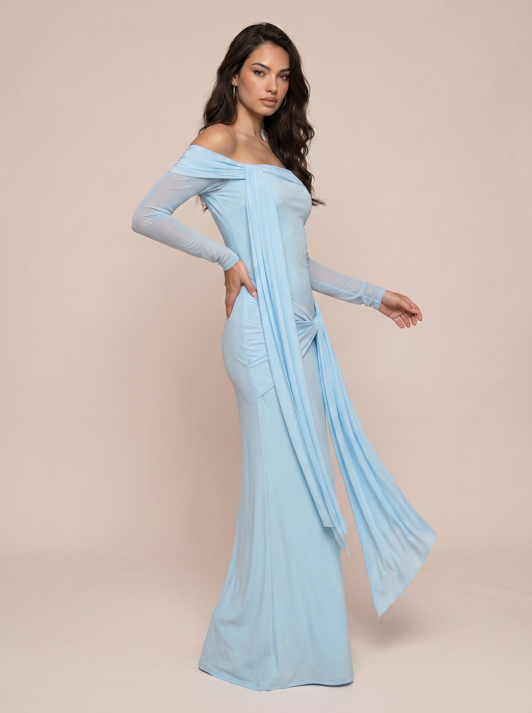 Aya Blue Off Shoulder Ruched Long Sleeve Maxi Dress - Nubae