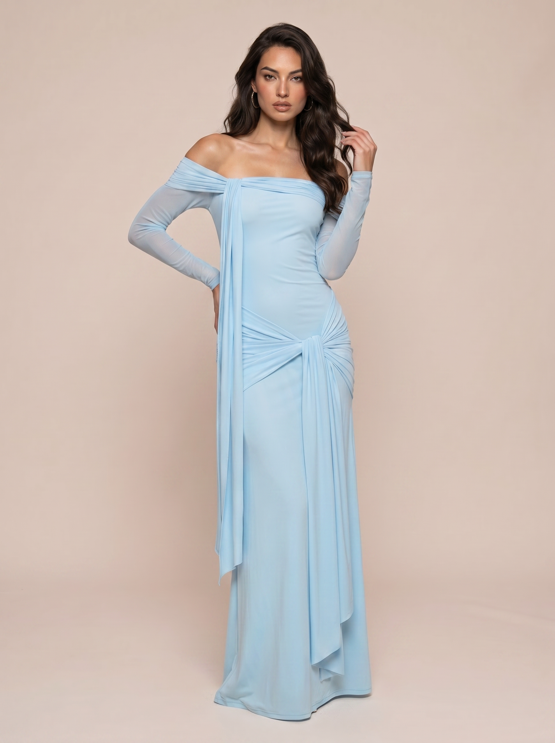 Aya Blue Off Shoulder Ruched Long Sleeve Maxi Dress - Nubae