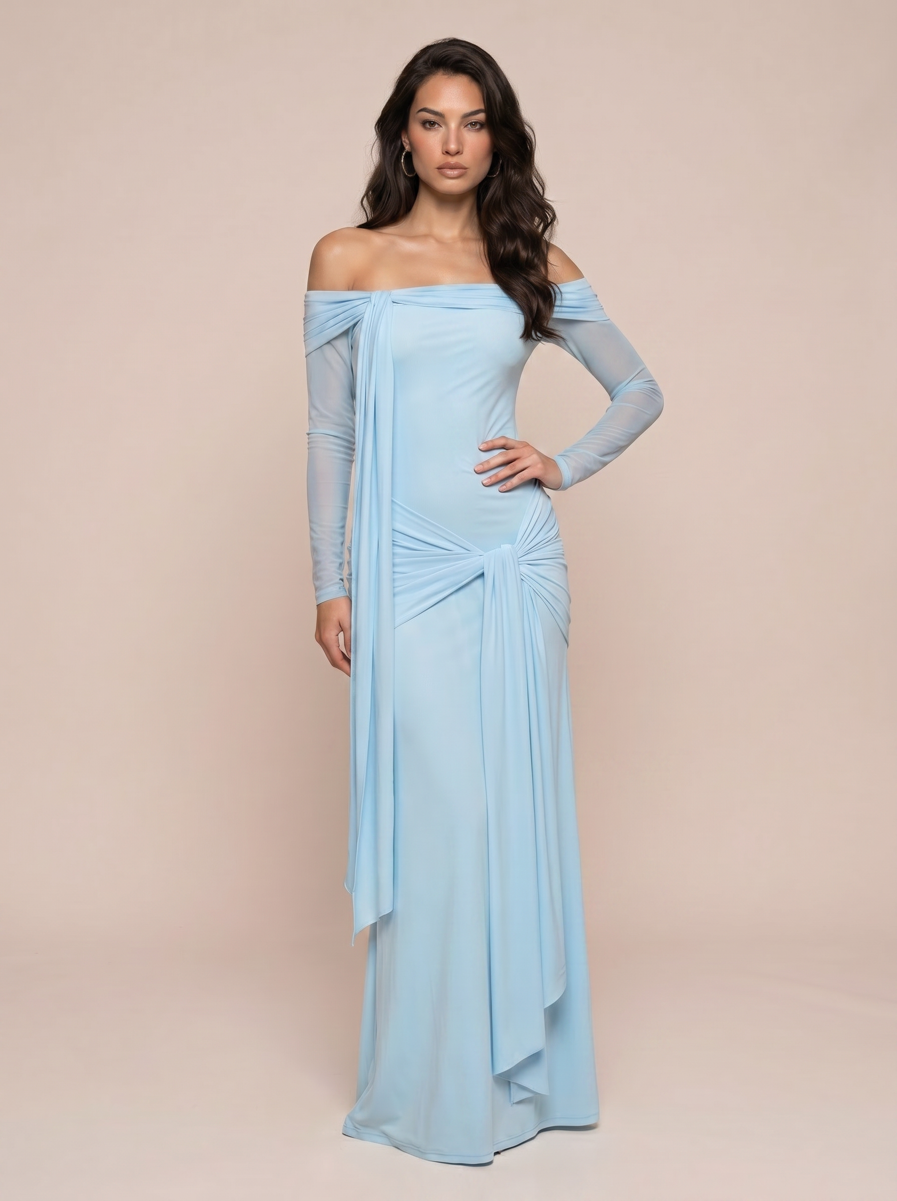 Aya Blue Off Shoulder Ruched Long Sleeve Maxi Dress - Nubae