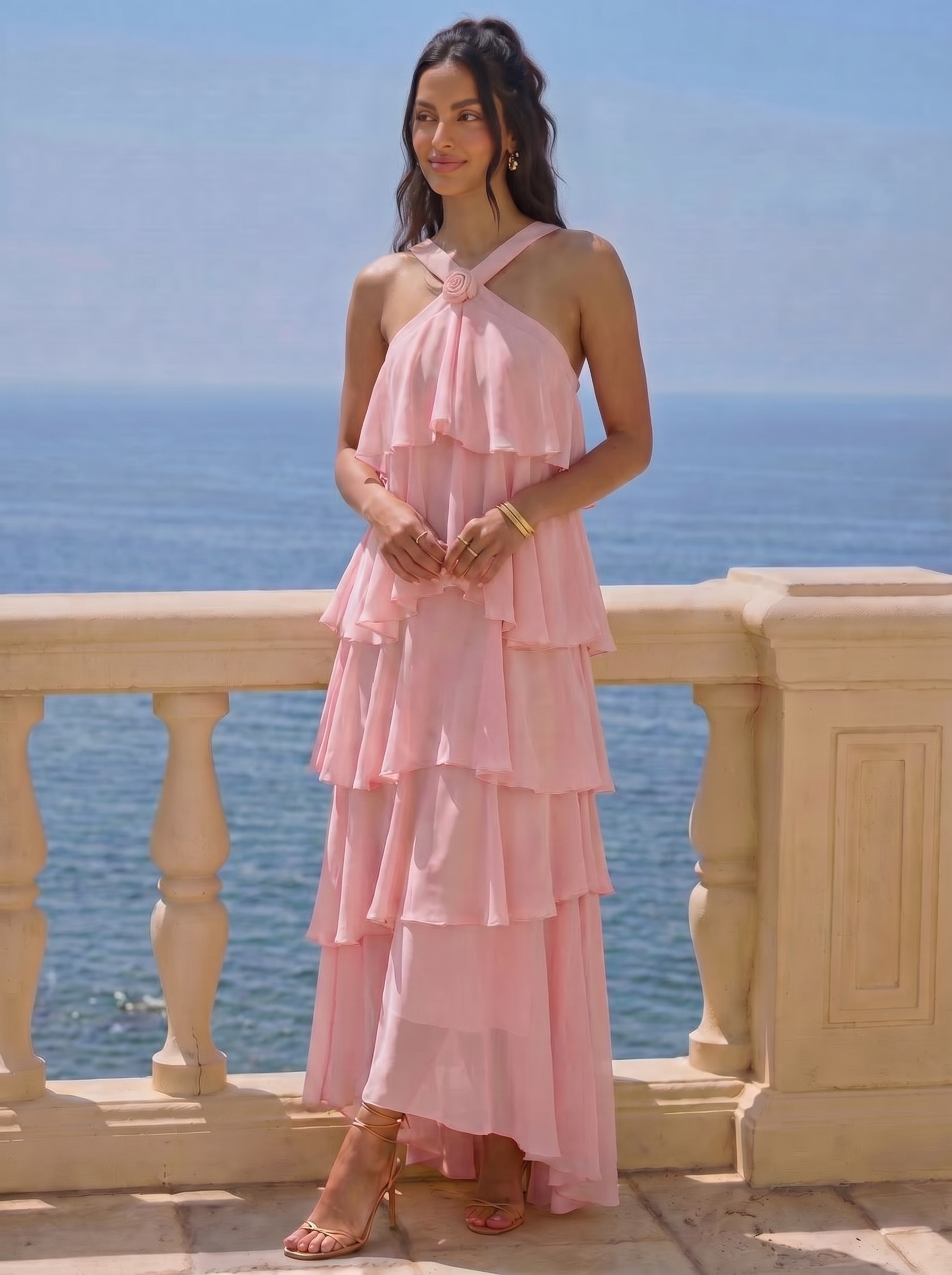 Aria Elegant Flower Ruffle Layered Maxi Dress - Nubae