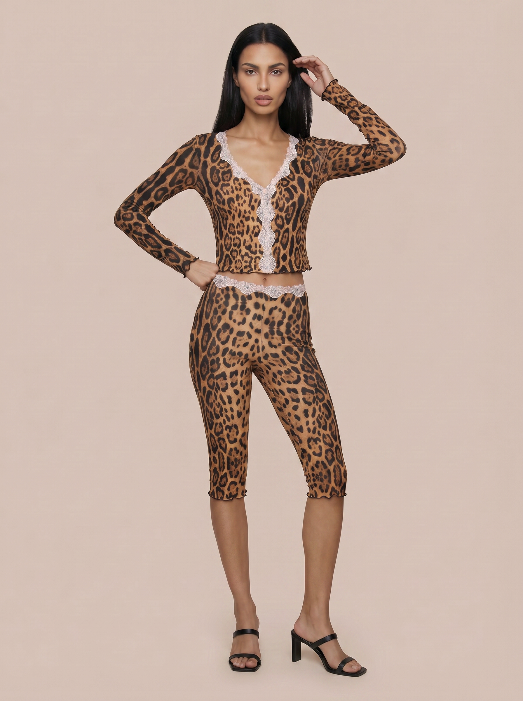 Abby Print Leopard Sexy V-neck Top & Pant Two Piece Set - Nubae