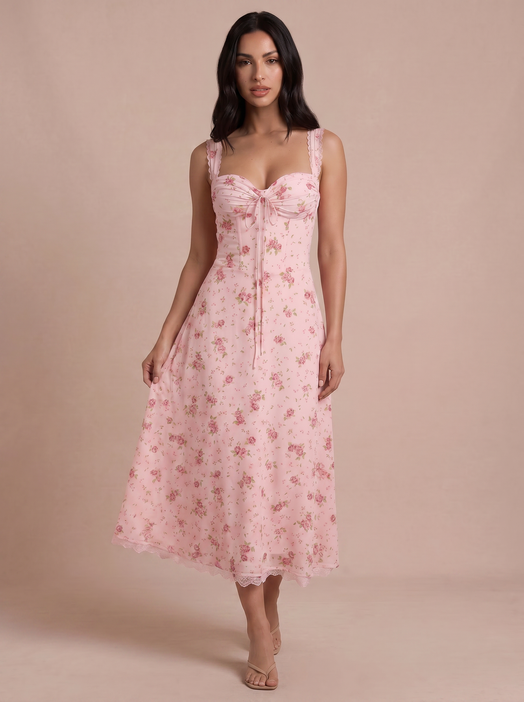 Suri Pink Floral Corset Spaghetti Strap Midi Sundress Dress - Nubae