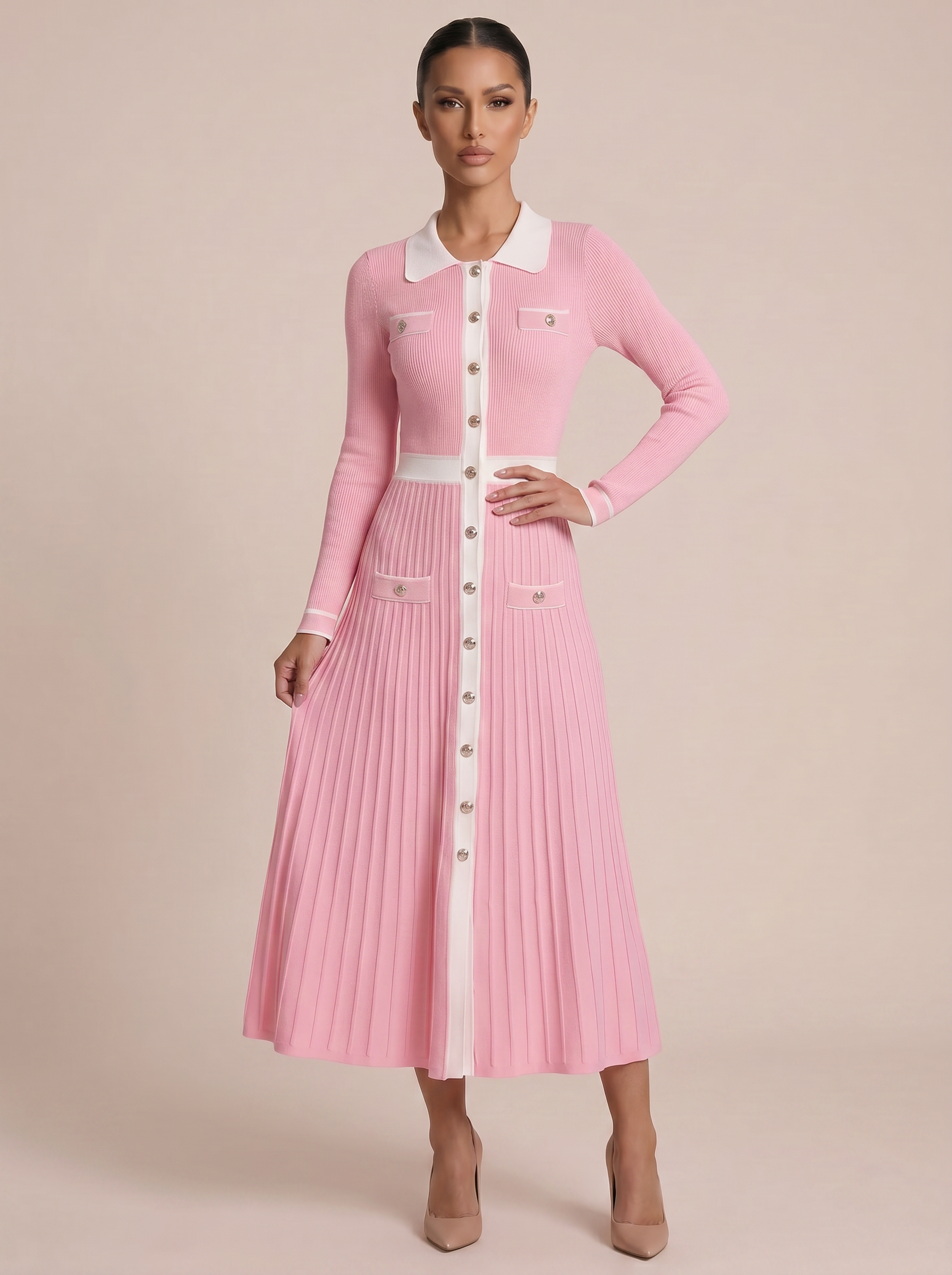 Blakley Long Sleeve Buttoned Knit Maxi Dress - Nubae