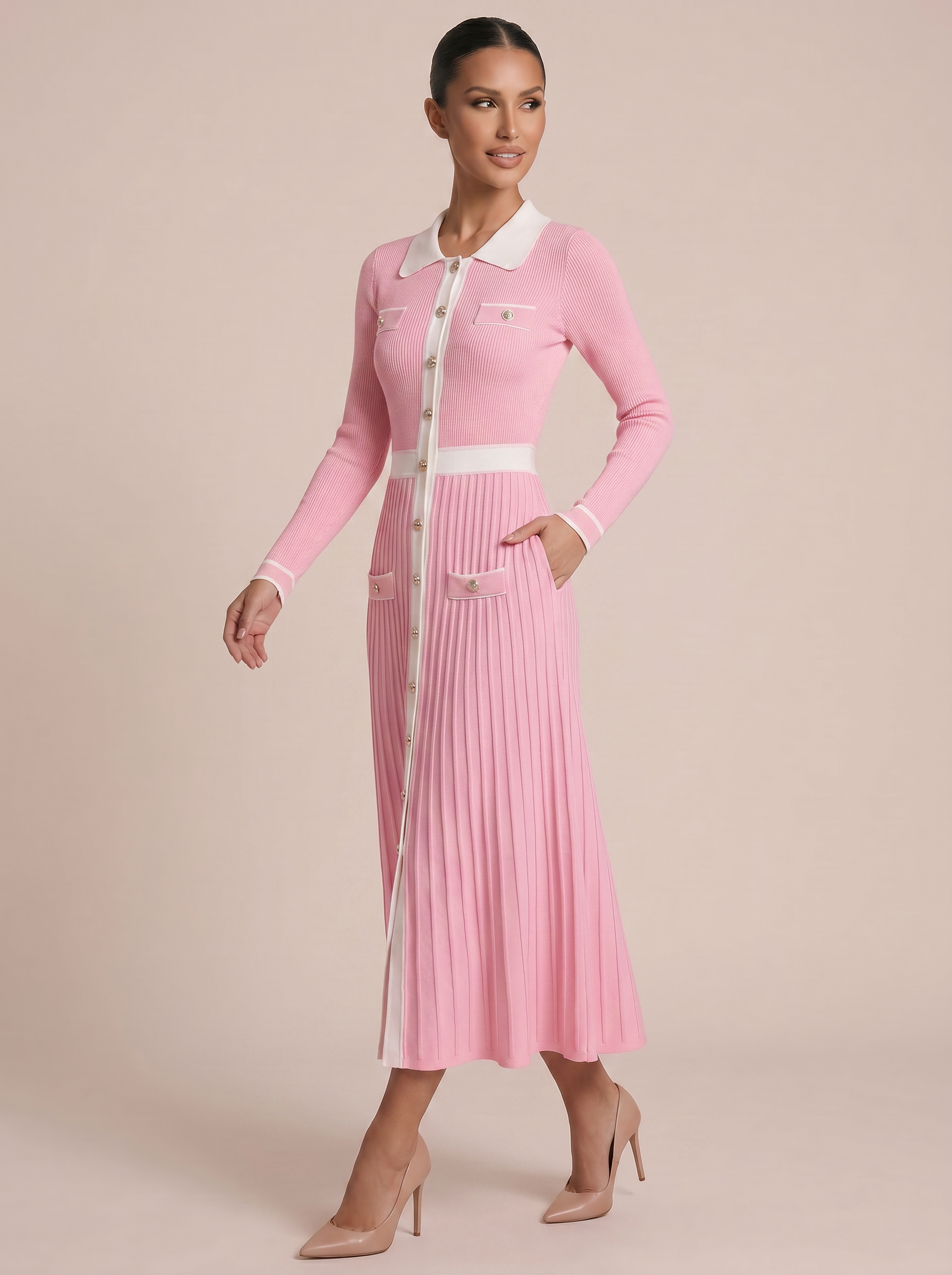 Blakley Long Sleeve Buttoned Knit Maxi Dress - Nubae