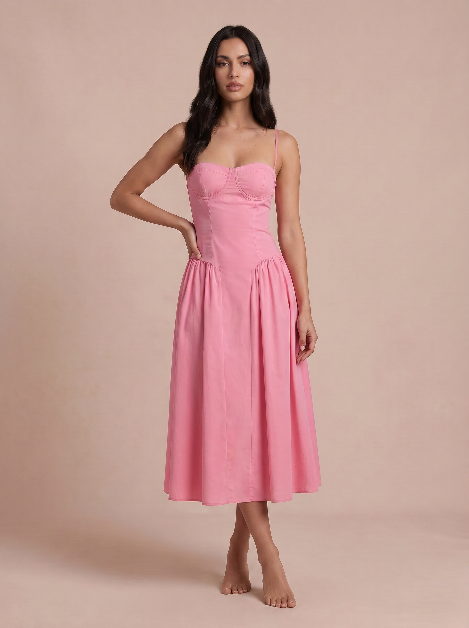 Alexi Pink Corset Spaghetti Strap Midi Sundress Dress - Nubae