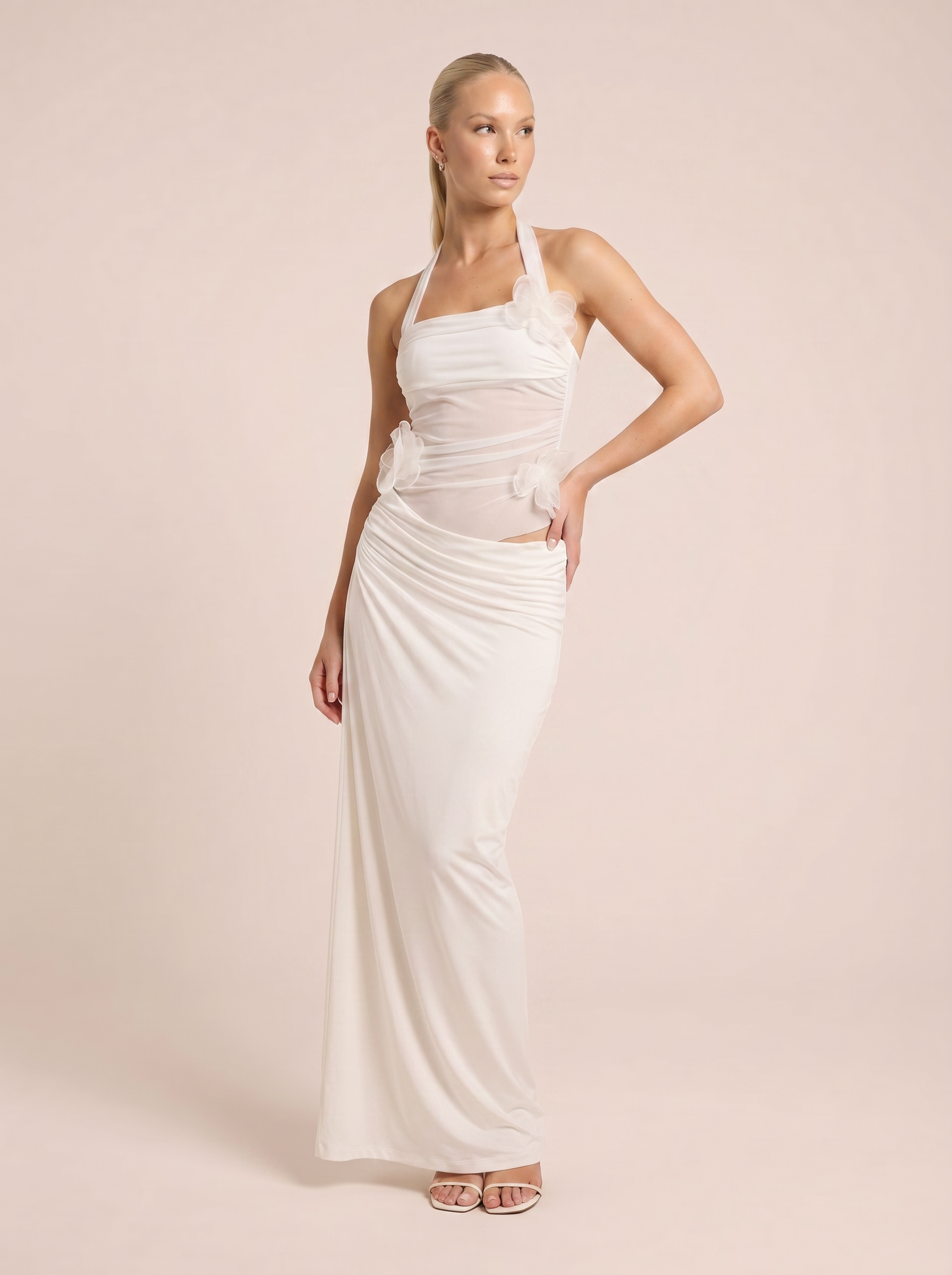 Yavina White 3D Applique Floral Mesh Maxi Dress - Nubae