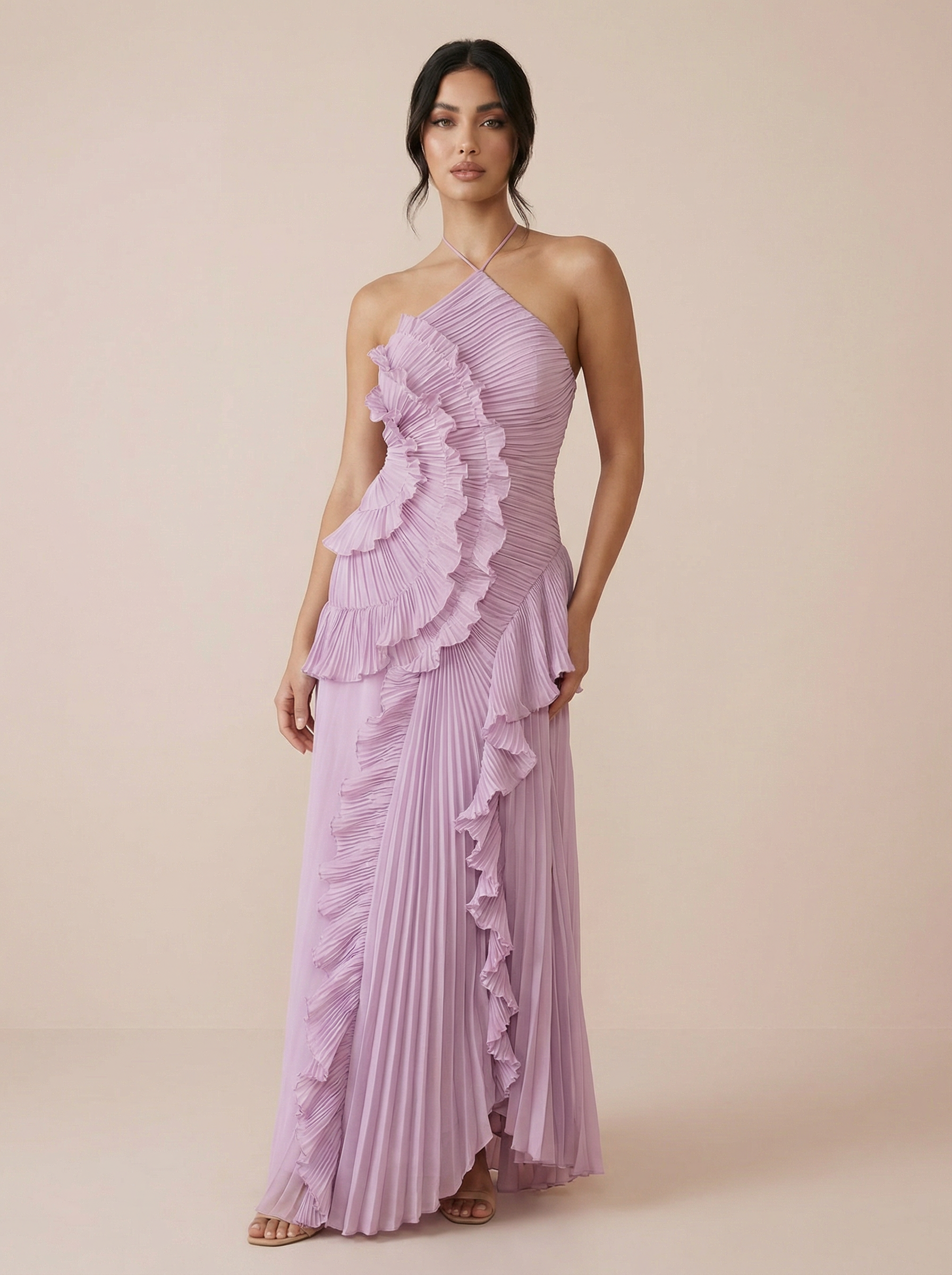 Adele Elegant Halter A Line Ruffle Maxi Dress - Nubae