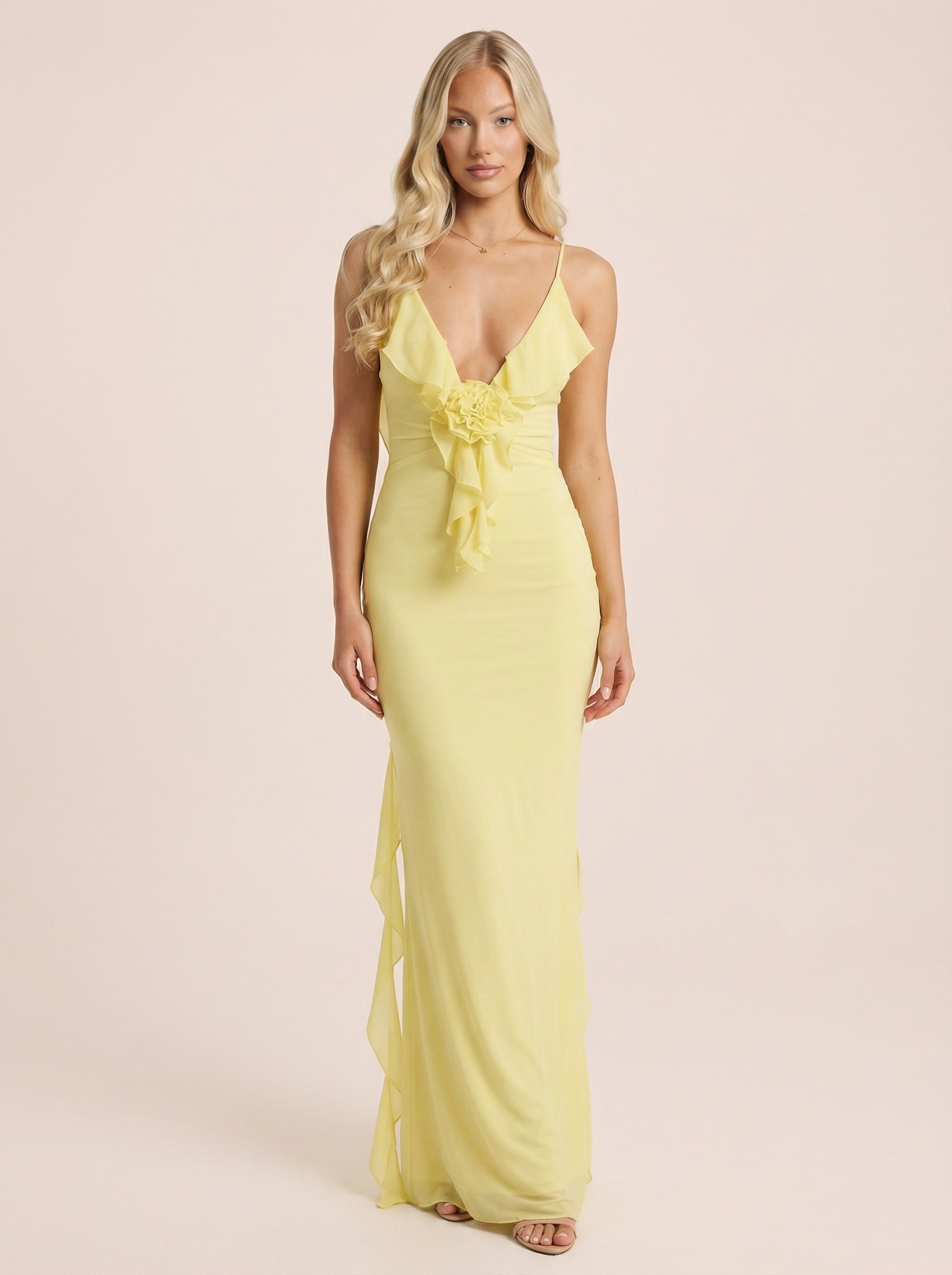 Verbaena Ribbon Bodycon V Neck Backless Ruffle Maxi Dress - Nubae