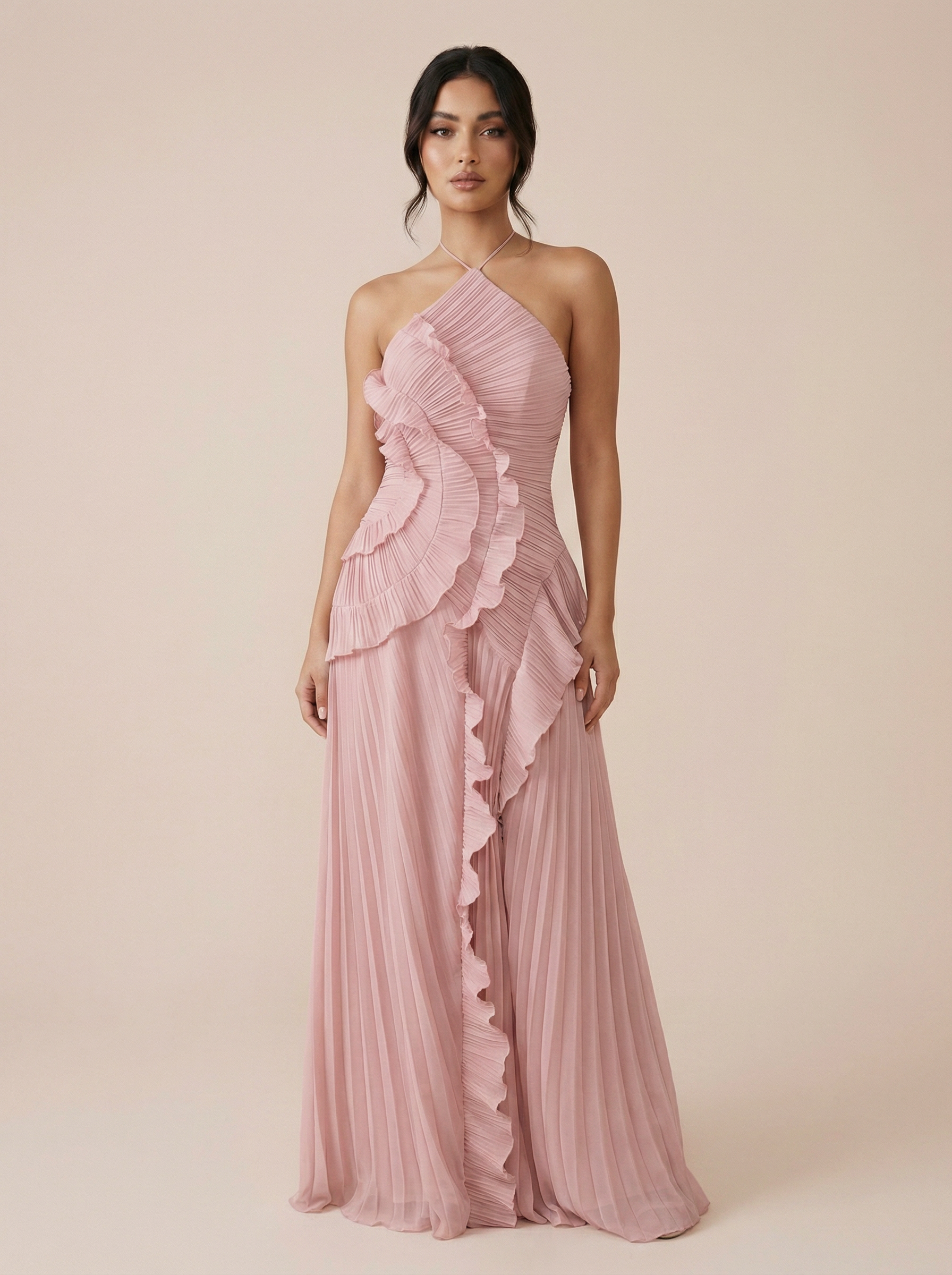 Adele Elegant Halter A Line Ruffle Maxi Dress - Nubae