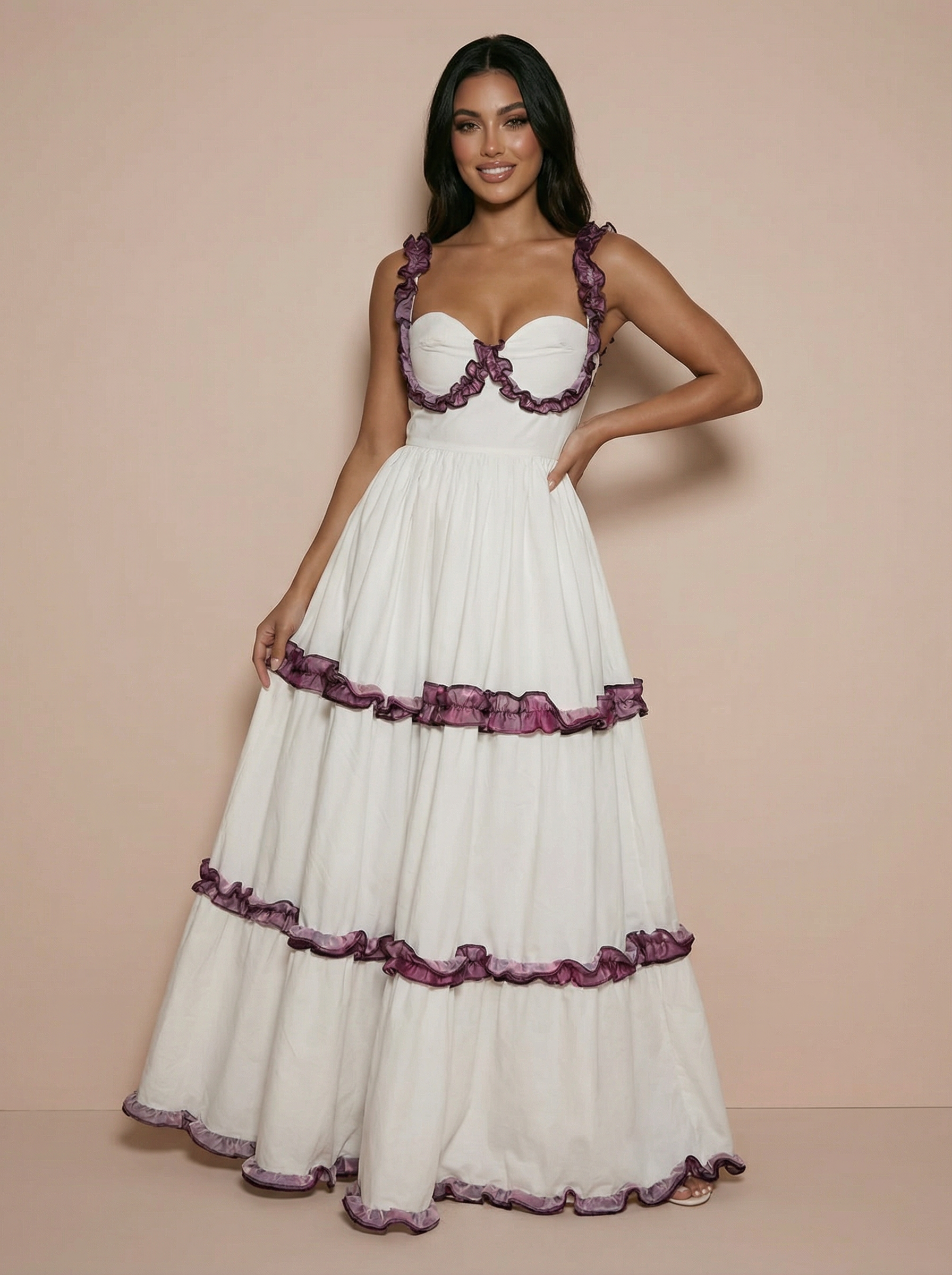 Pamela White Purple Ruffle Tiered Maxi Dress - Nubae