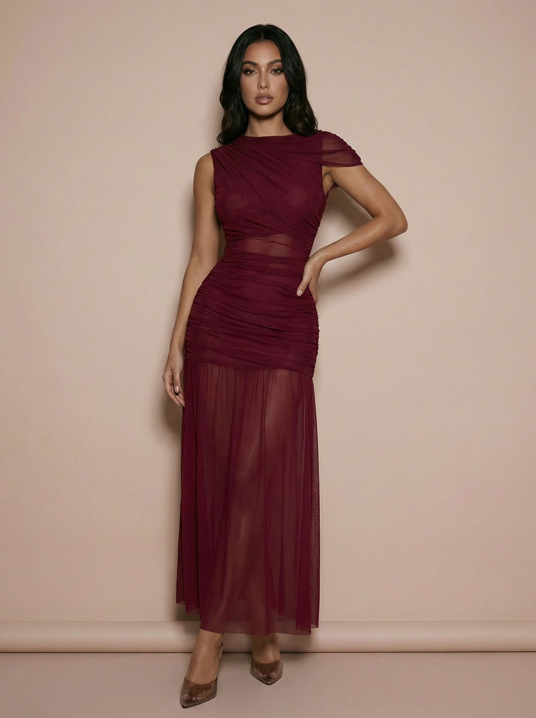 Candice Sheer Mesh Ruched Bodycon Maxi Dress - Nubae