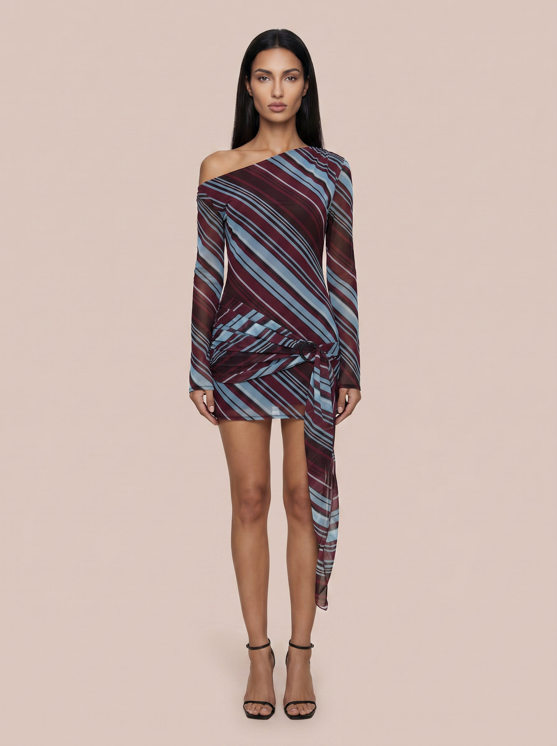 Kristie Long Sleeve One Shoulder Printed Striped Beach Mini Dress - Nubae