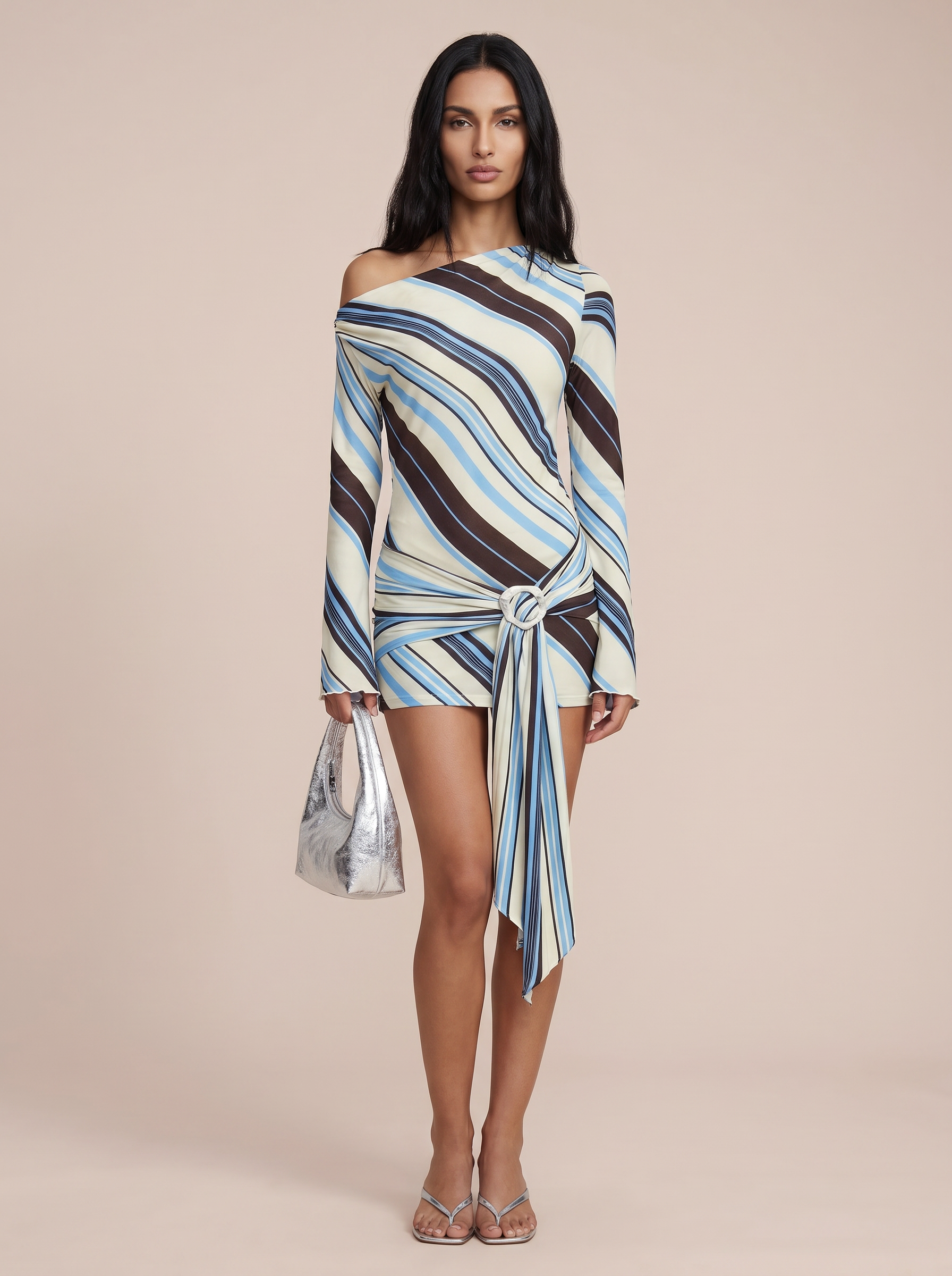 Kristie Long Sleeve One Shoulder Printed Striped Beach Mini Dress - Nubae