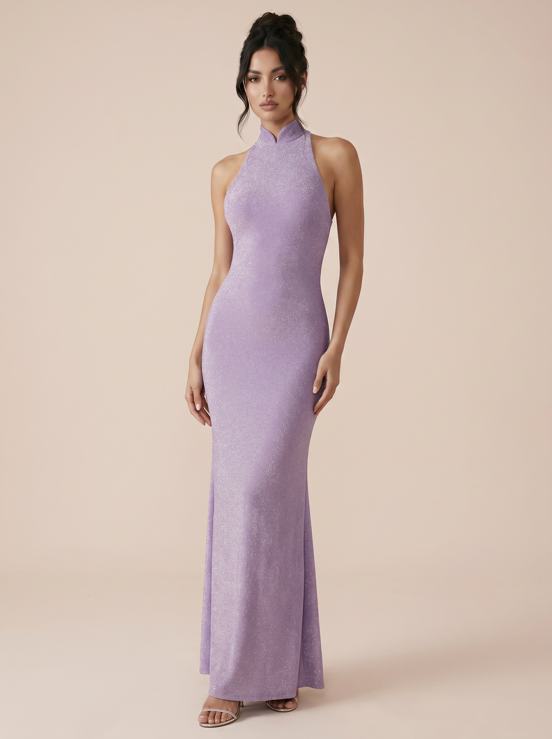Cenira Purple Glitter High-Neck Maxi Dress - Nubae