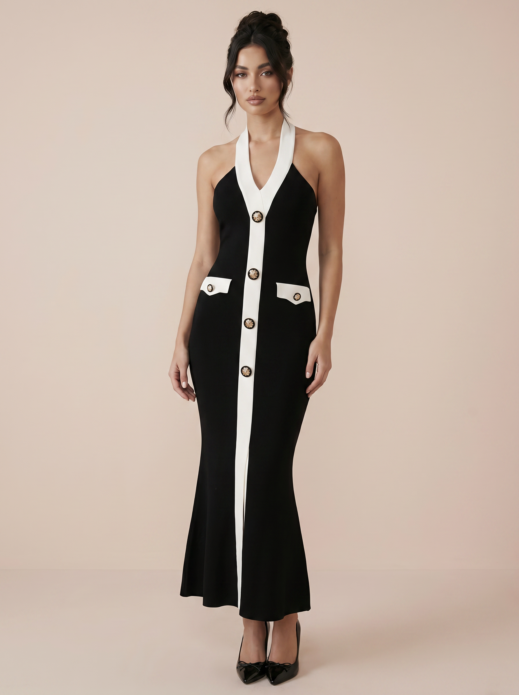 Weylira Button Black & White Halter Neck Midi Dress - Nubae