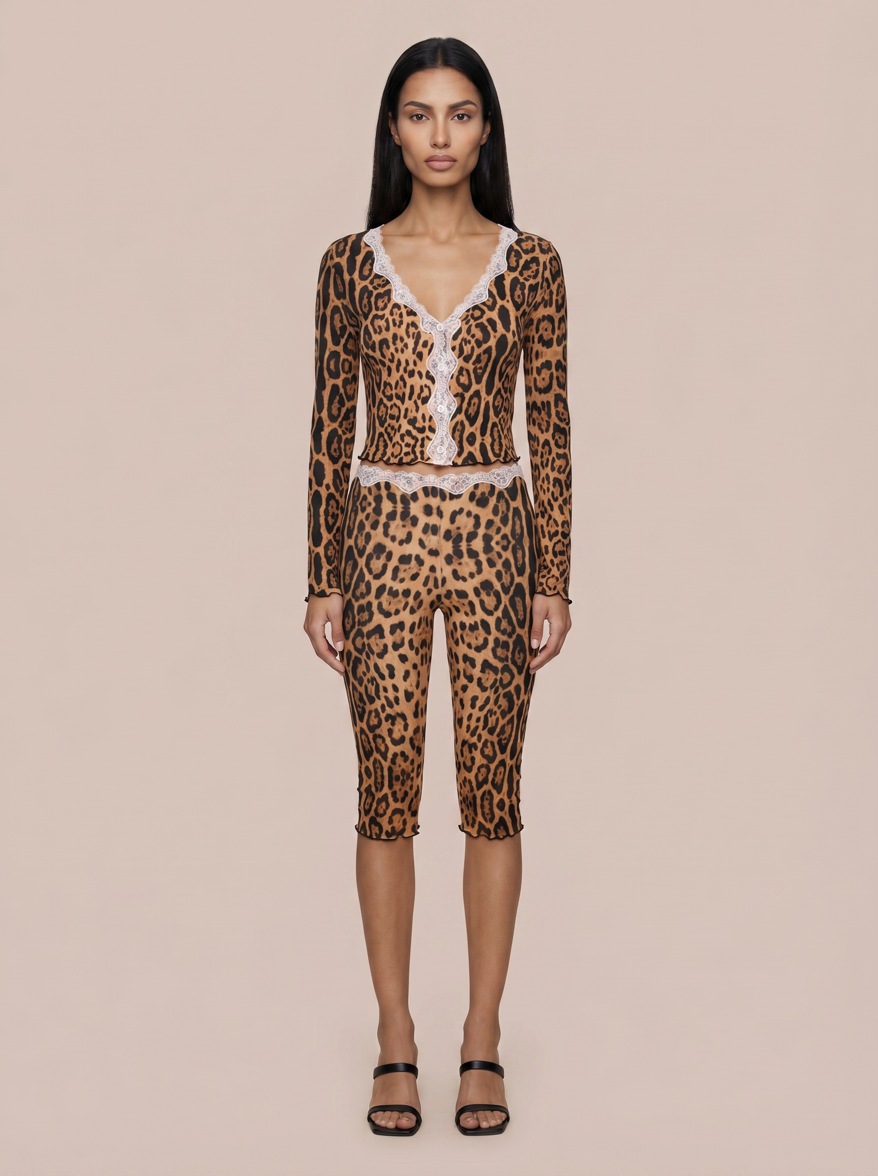Abby Print Leopard Sexy V-neck Top & Pant Two Piece Set - Nubae
