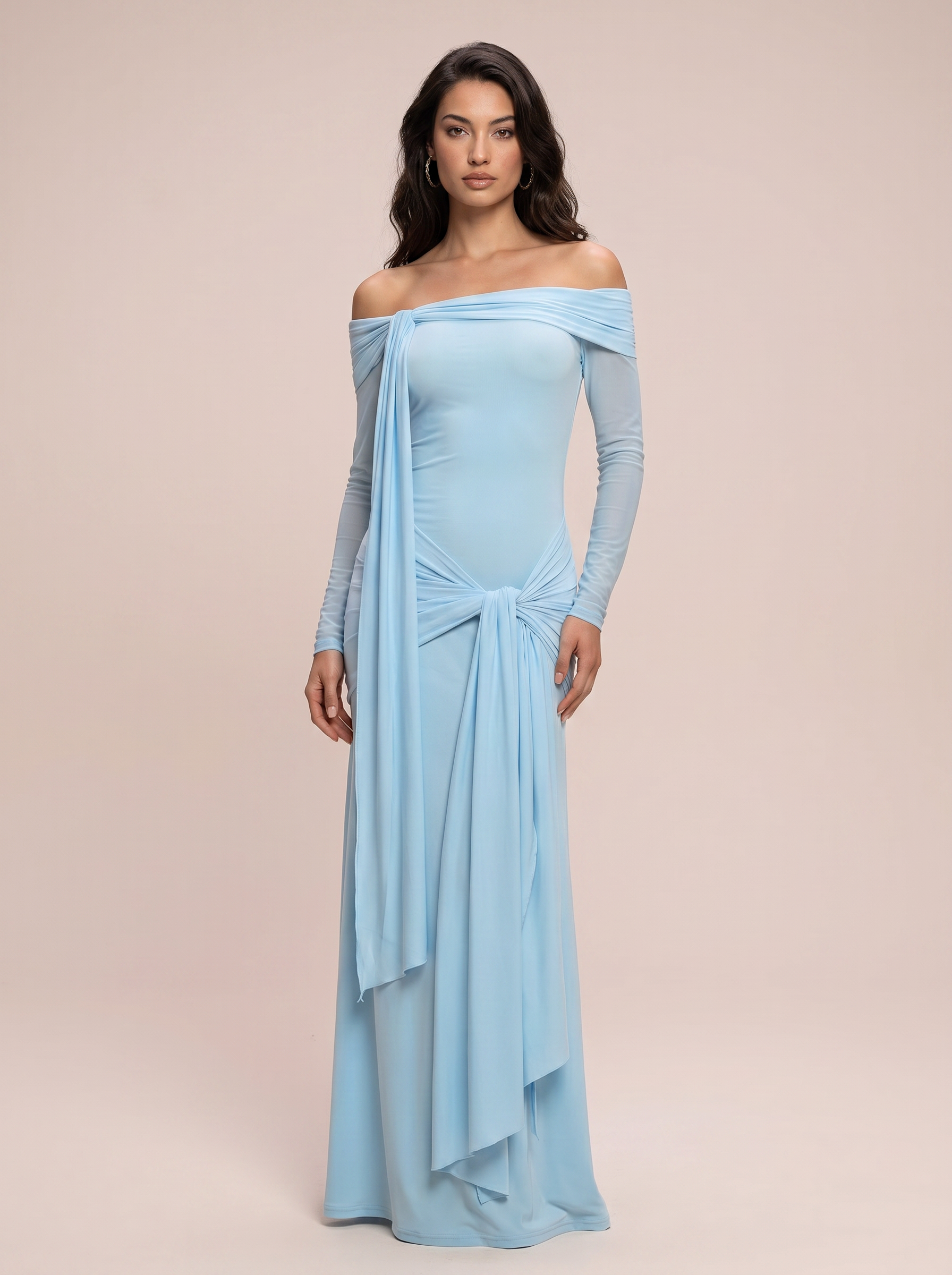 Aya Blue Off Shoulder Ruched Long Sleeve Maxi Dress - Nubae