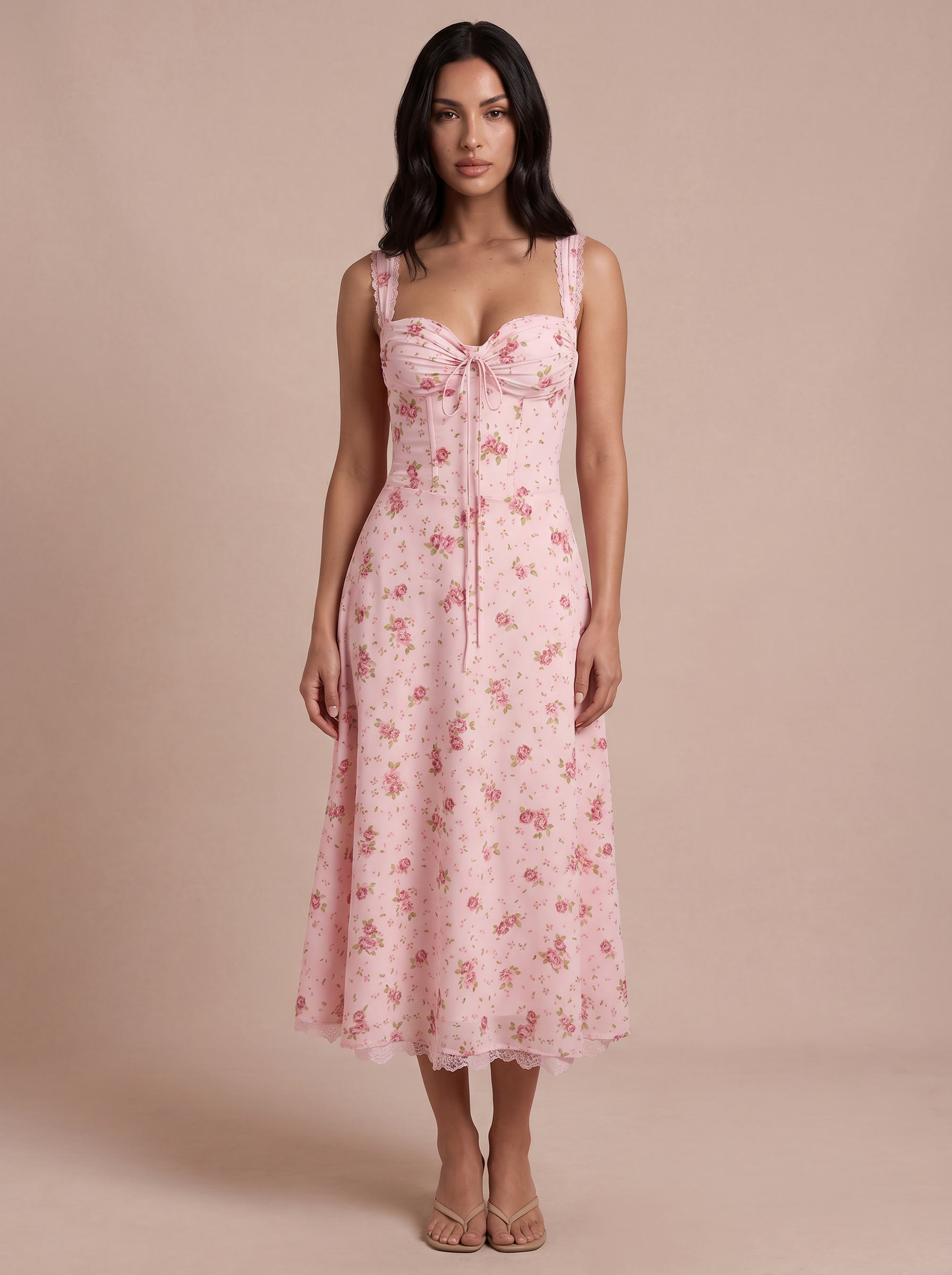 Suri Pink Floral Corset Spaghetti Strap Midi Sundress Dress - Nubae