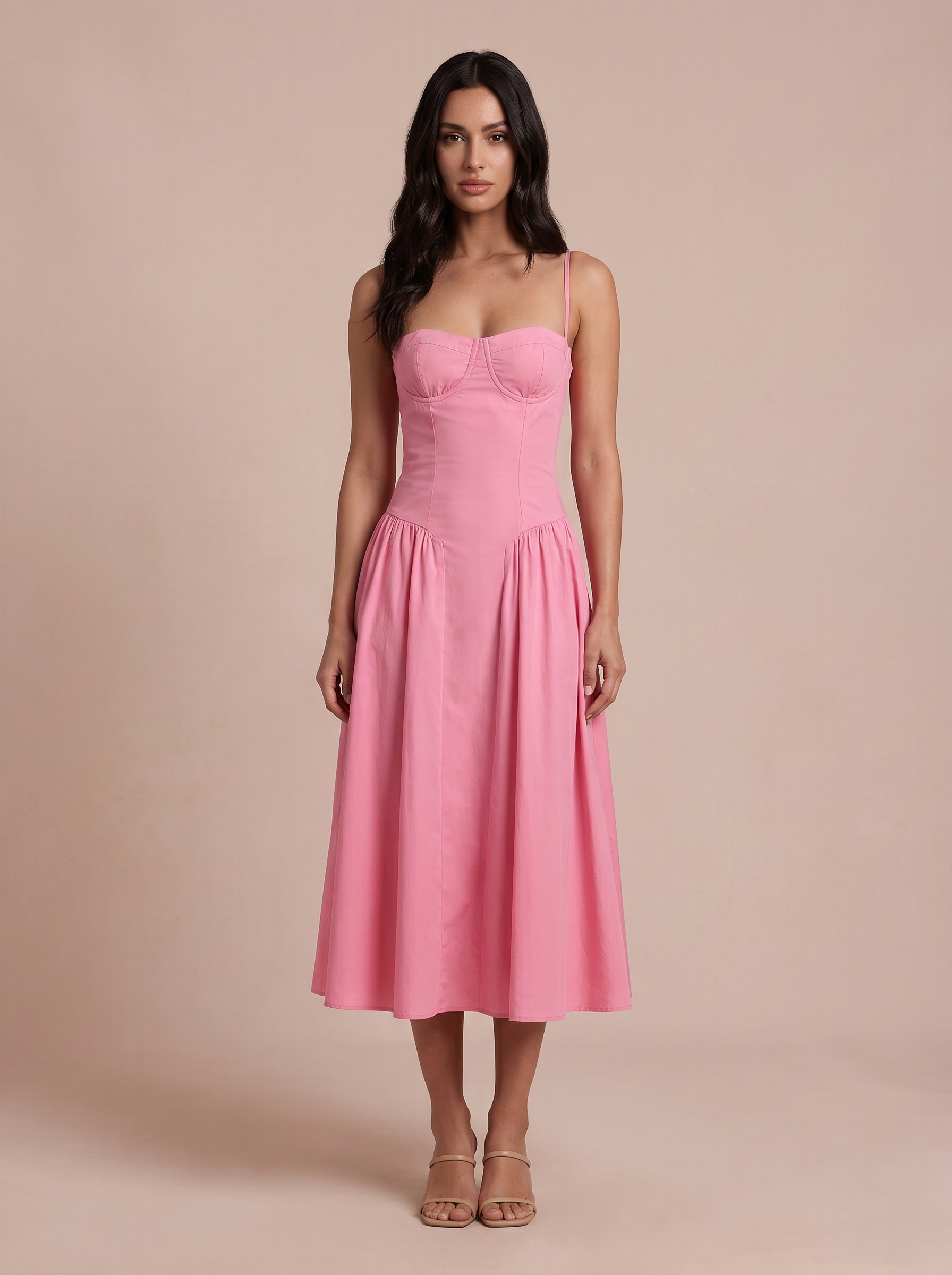 Alexi Pink Corset Spaghetti Strap Midi Sundress Dress - Nubae