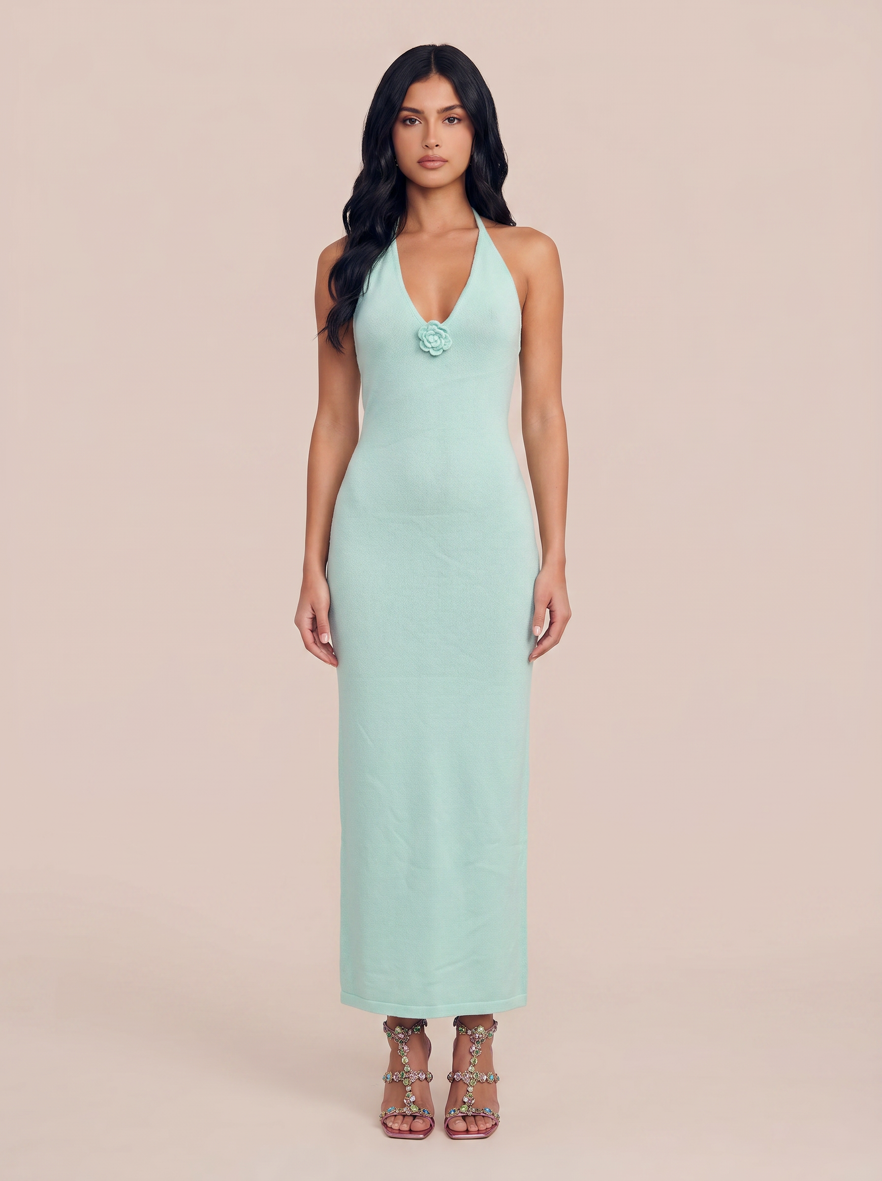 Andrea Green Knit Halter Summer Maxi Dress - Nubae