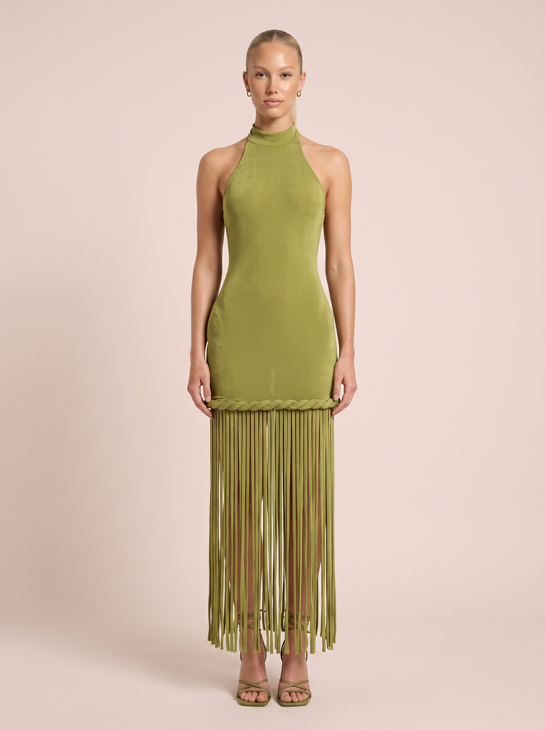 Brivelle Green Tassel Hem Halter Backless Maxi Dress - Nubae