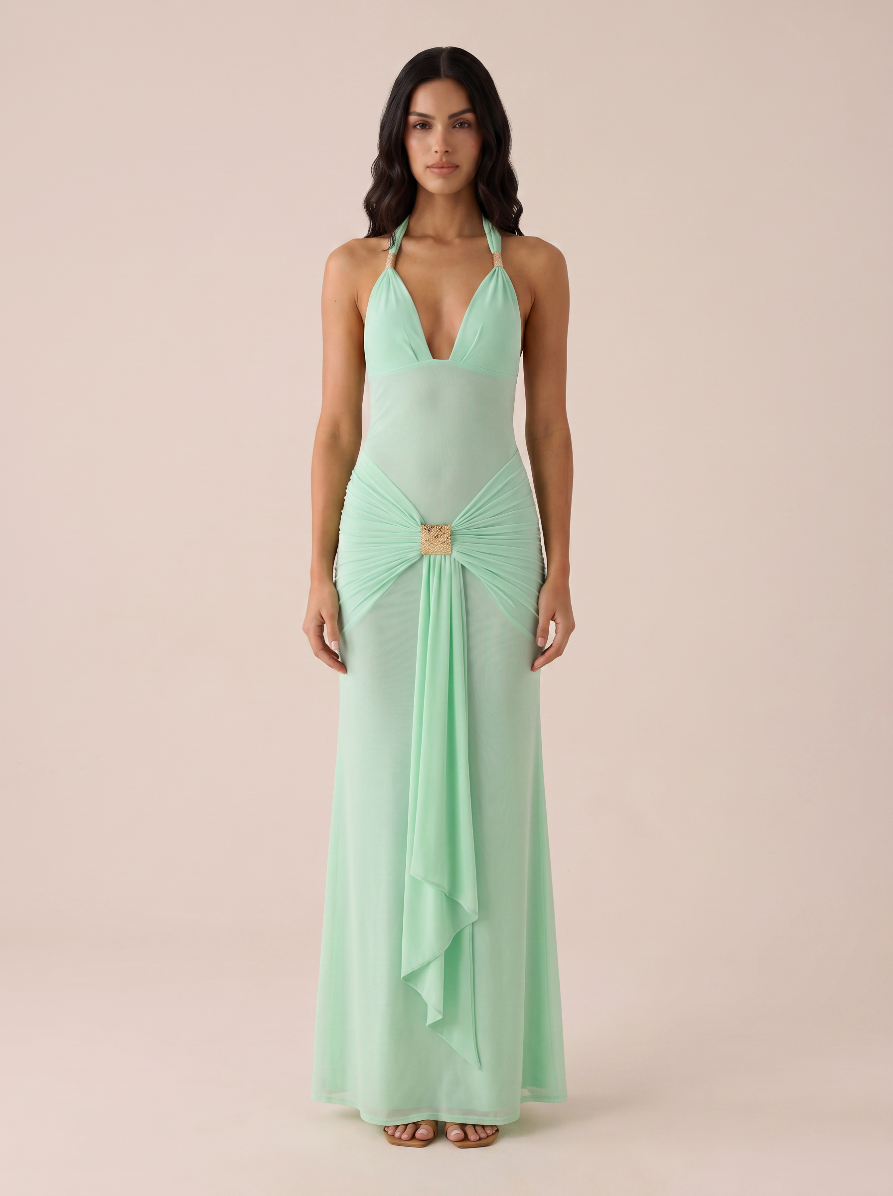 Belladonna Halter Deep V Neck Sleeveless Draped Ruched Maxi Dress - Nubae