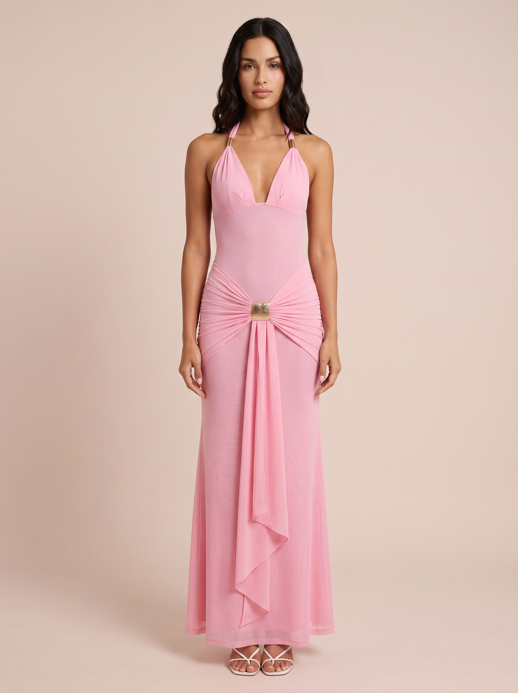 Belladonna Halter Deep V Neck Sleeveless Draped Ruched Maxi Dress - Nubae