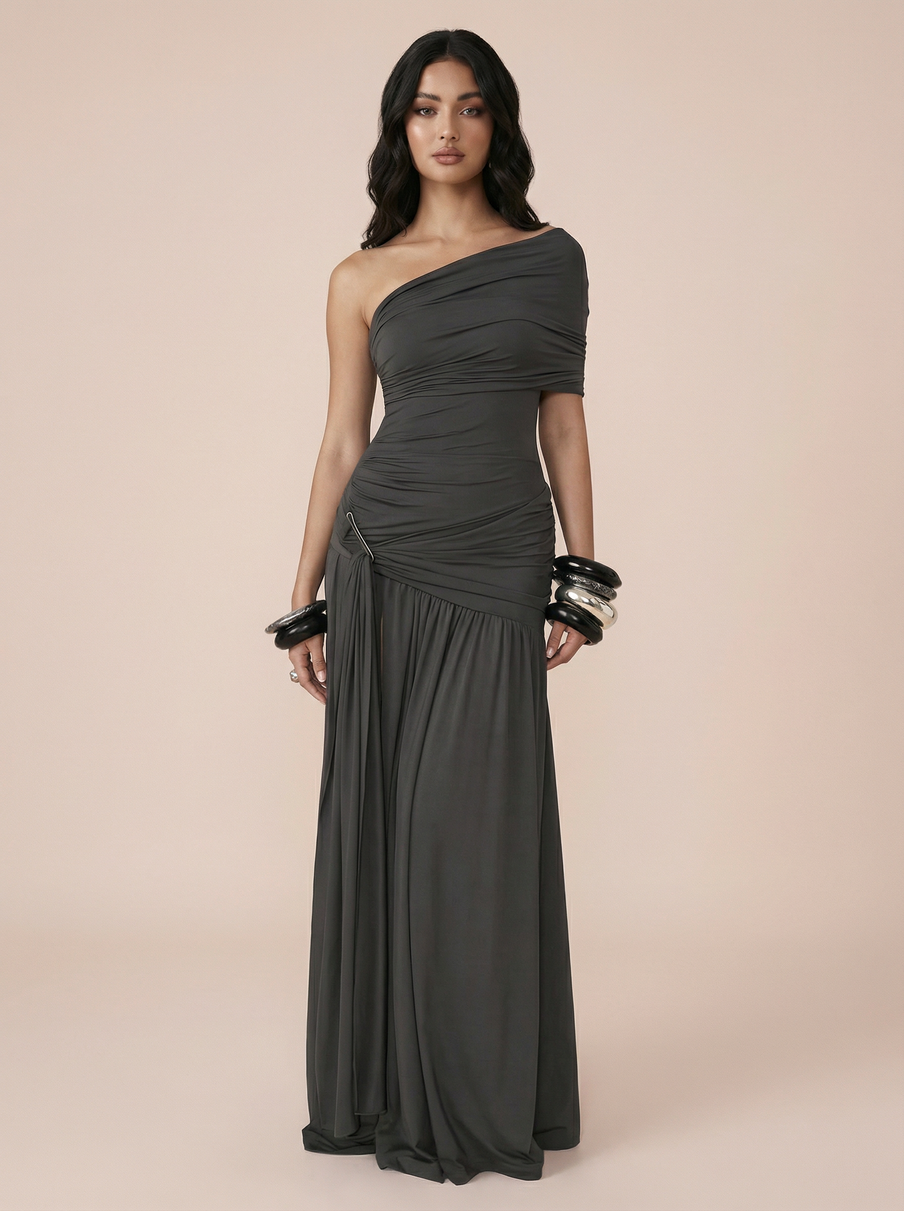 Sinead Off-shoulder One Sleeve Ruched Maxi Dress - Nubae